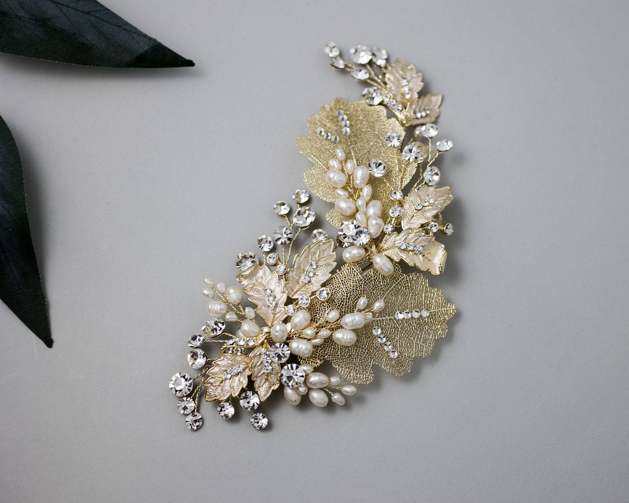 Gold Lace Leaf Wedding Clip with Cultured Pearls - Hair Clips - Cassandra Lynne