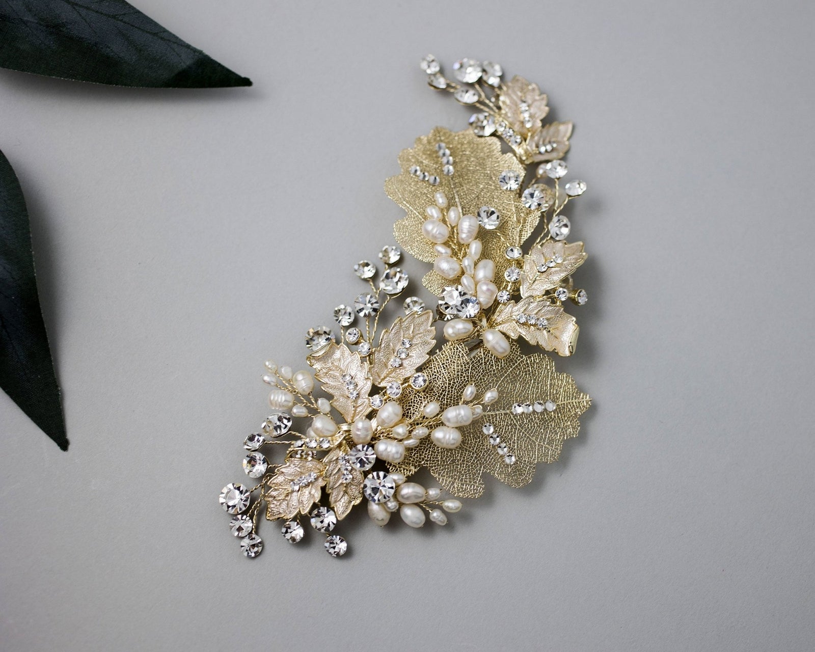 Gold Lace Leaf Wedding Clip with Cultured Pearls - Hair Clips - Cassandra Lynne