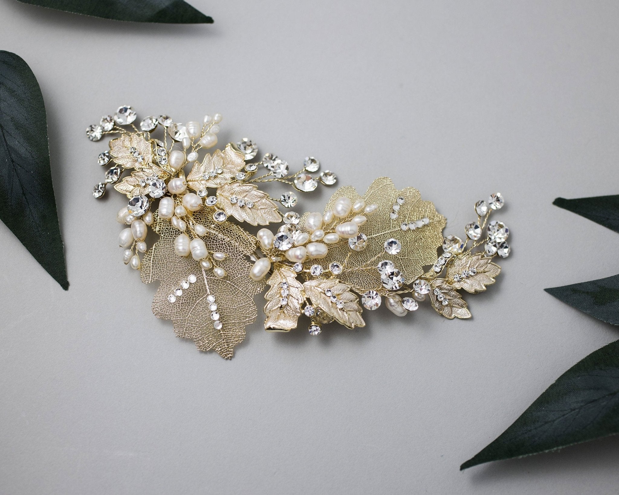 Gold Lace Leaf Wedding Clip with Cultured Pearls - Hair Clips - Cassandra Lynne
