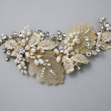 Gold Lace Leaf Wedding Clip with Cultured Pearls - Hair Clips - Cassandra Lynne