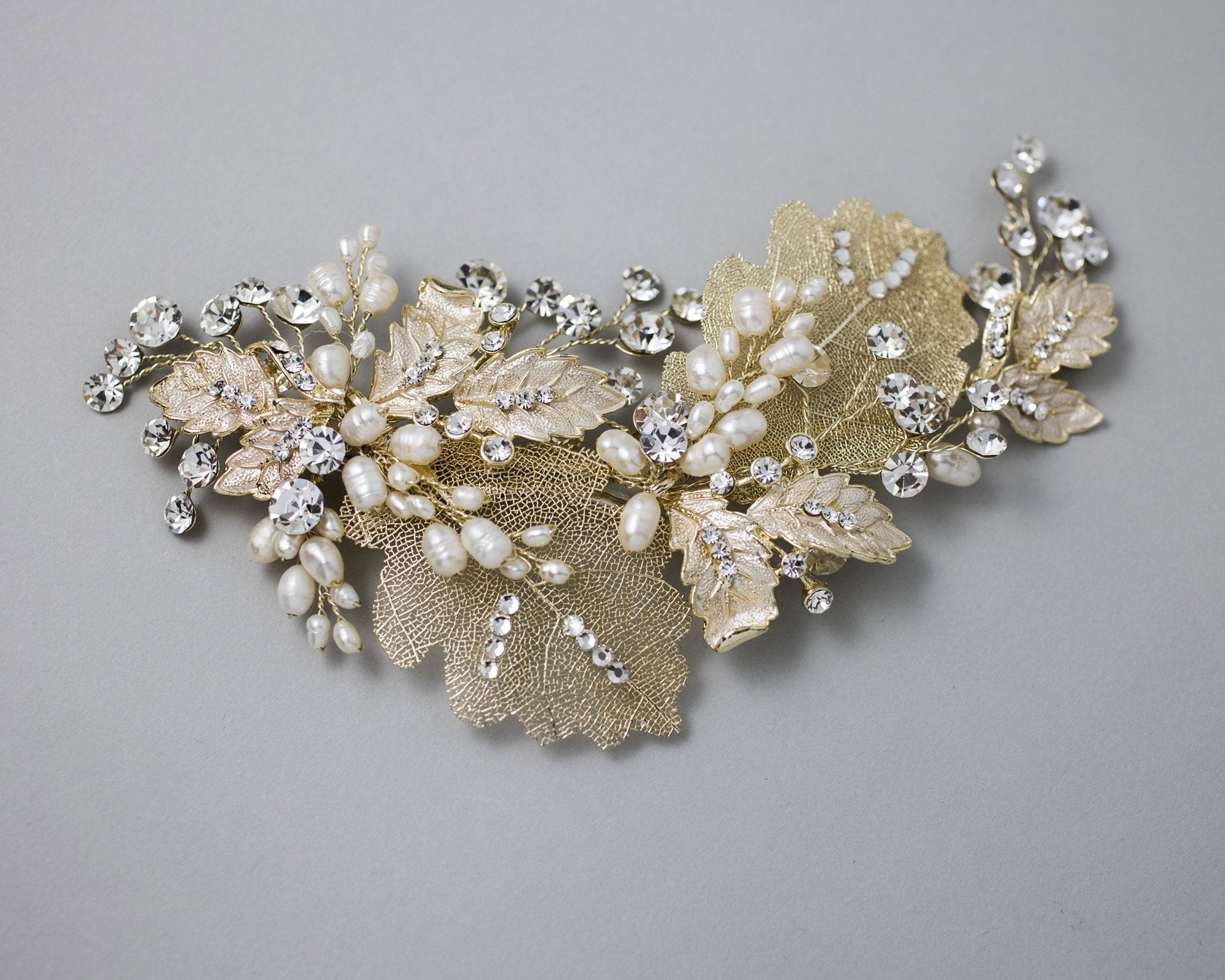 Gold Lace Leaf Wedding Clip with Cultured Pearls - Hair Clips - Cassandra Lynne