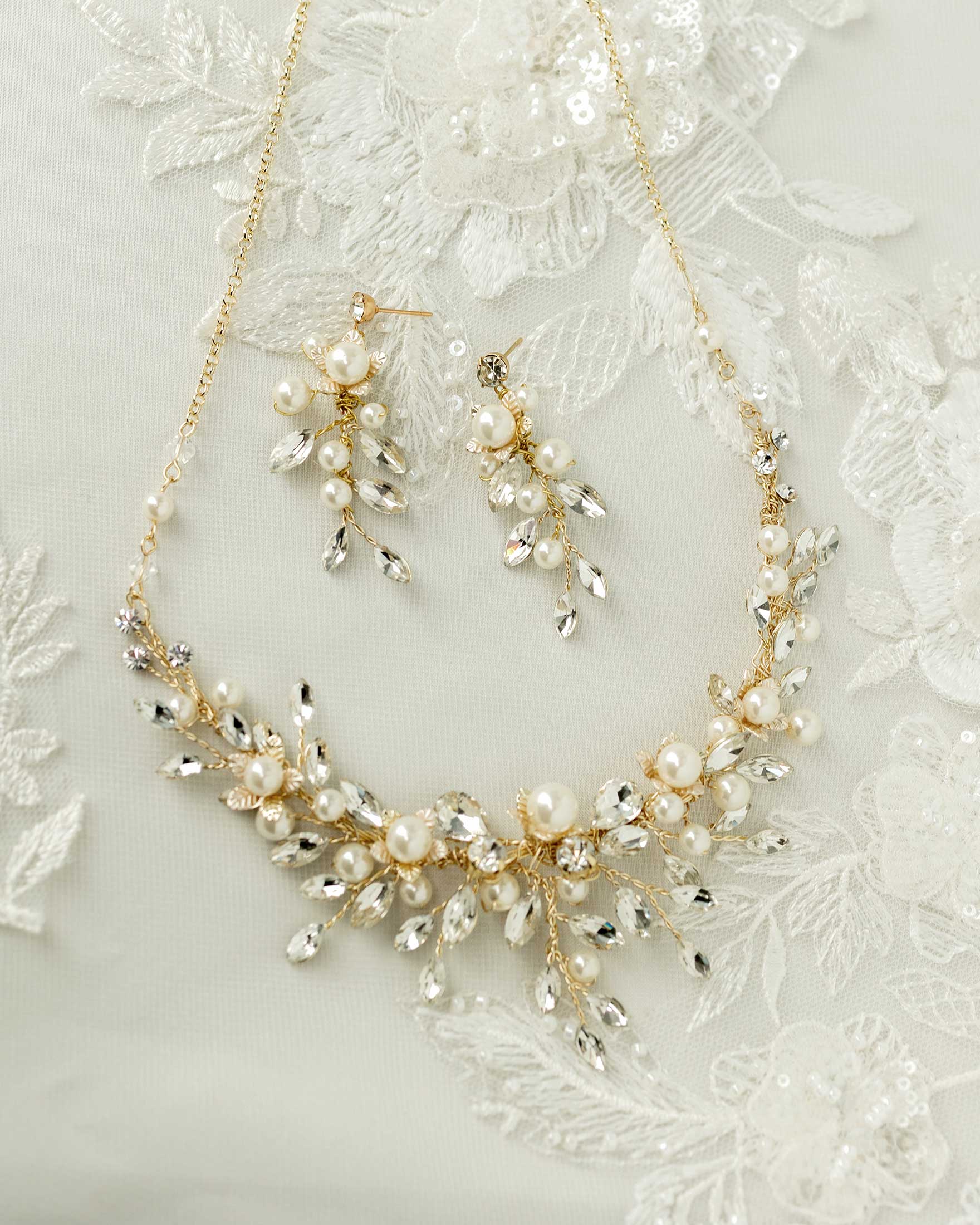 Flowers and Pearls Bridal Necklace and Earrings - Necklace Set - Cassandra Lynne