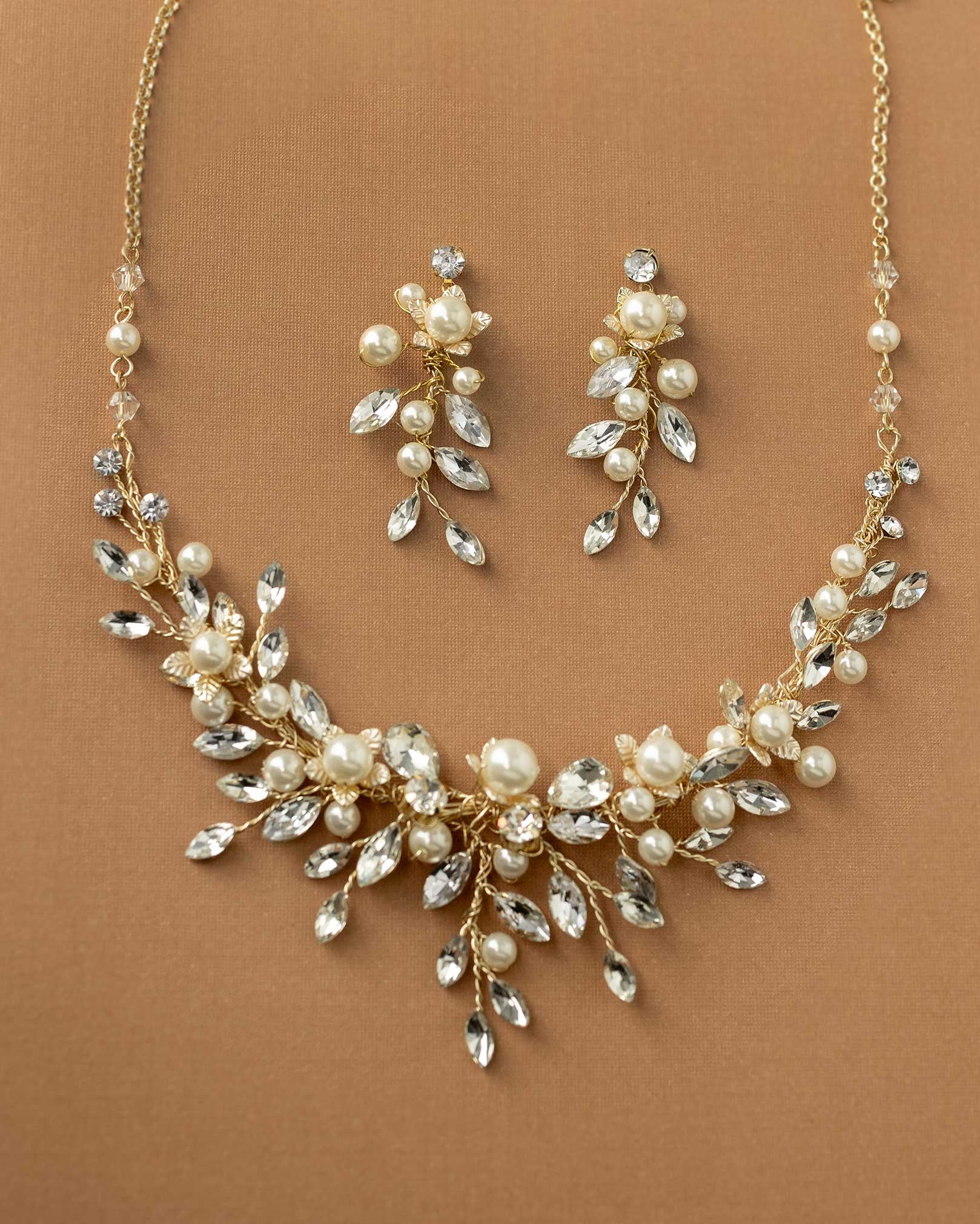 Flowers and Pearls Bridal Necklace and Earrings - Necklace Set - Cassandra Lynne