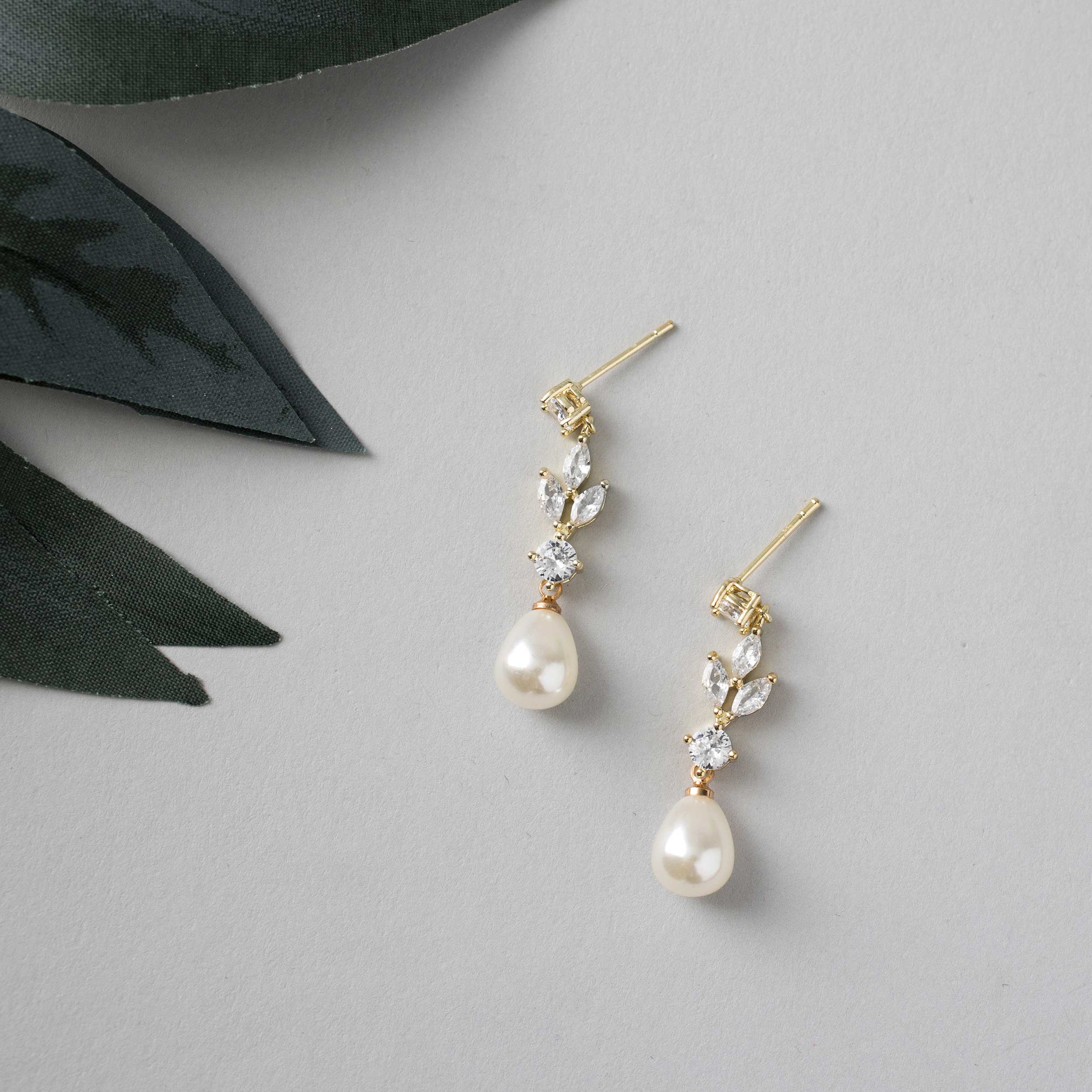 Bridal Earrings of Teardrop Pearls and CZ - Cassandra Lynne