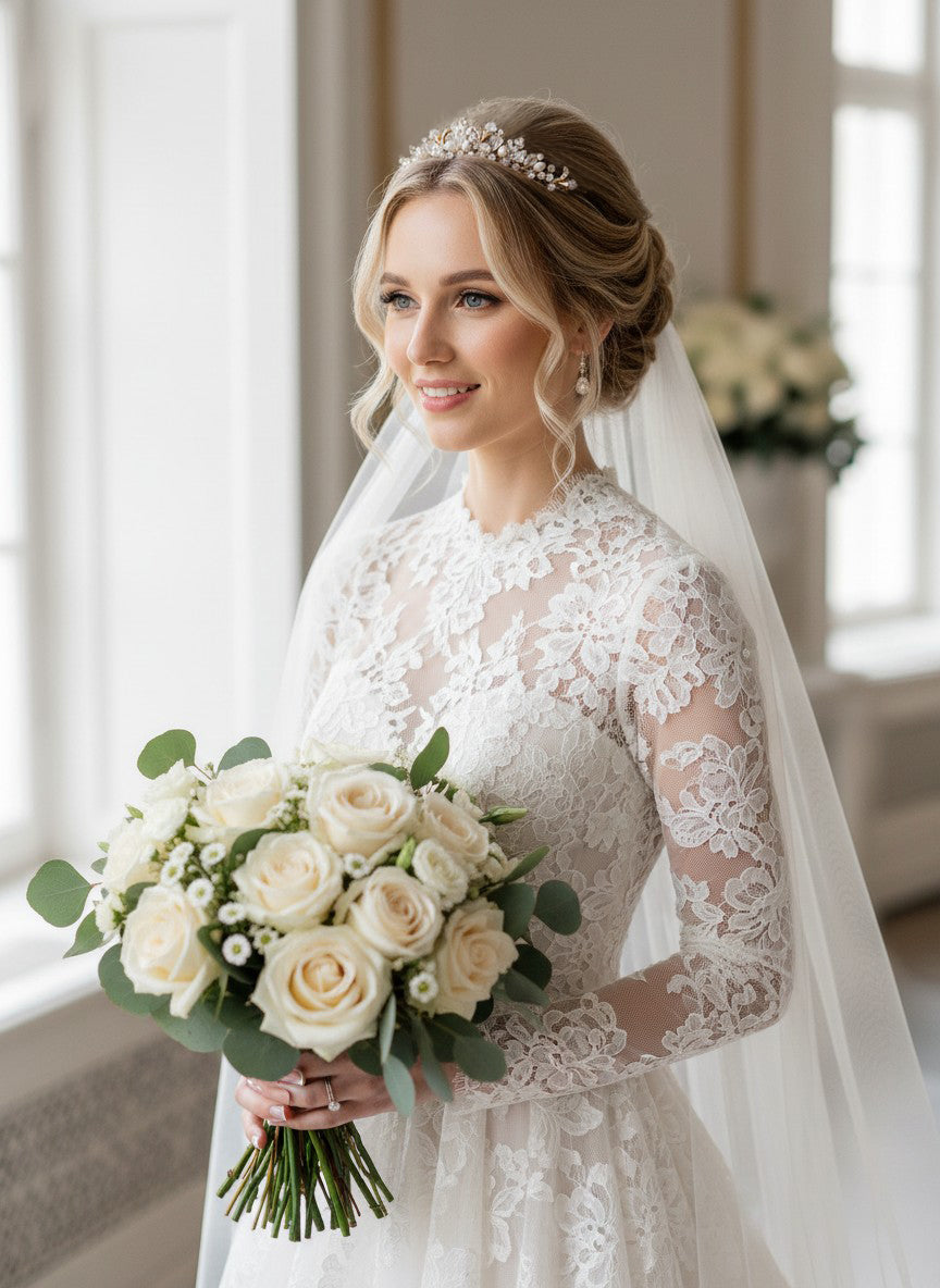 Gold Tiara Comb with Freshwater Pearls A bride in a long-sleeve lace wedding dress and veil holds a bouquet of cream roses and green foliage in a bright indoor setting.