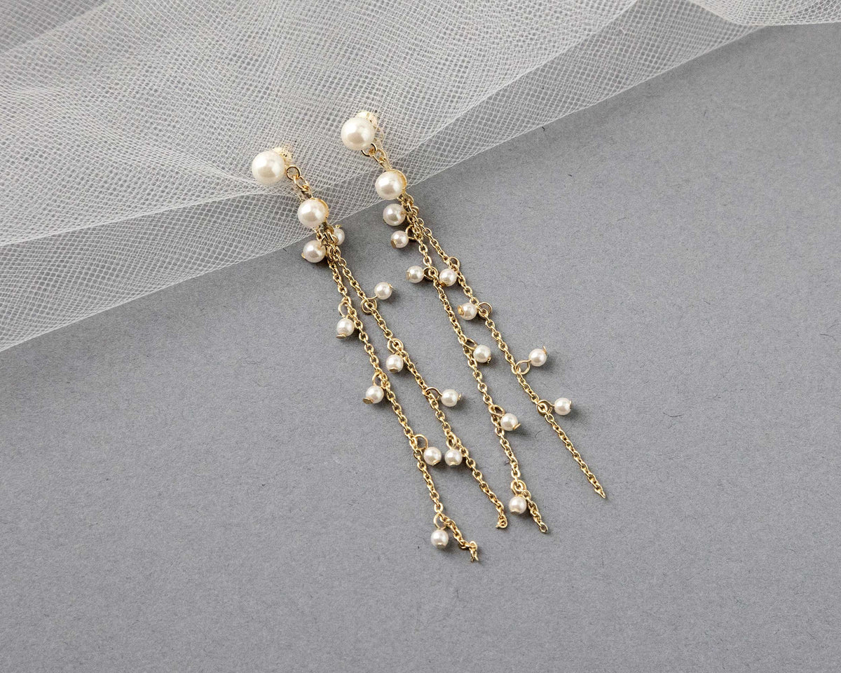 Pearl Station Double Chain Bridal Earrings Gold