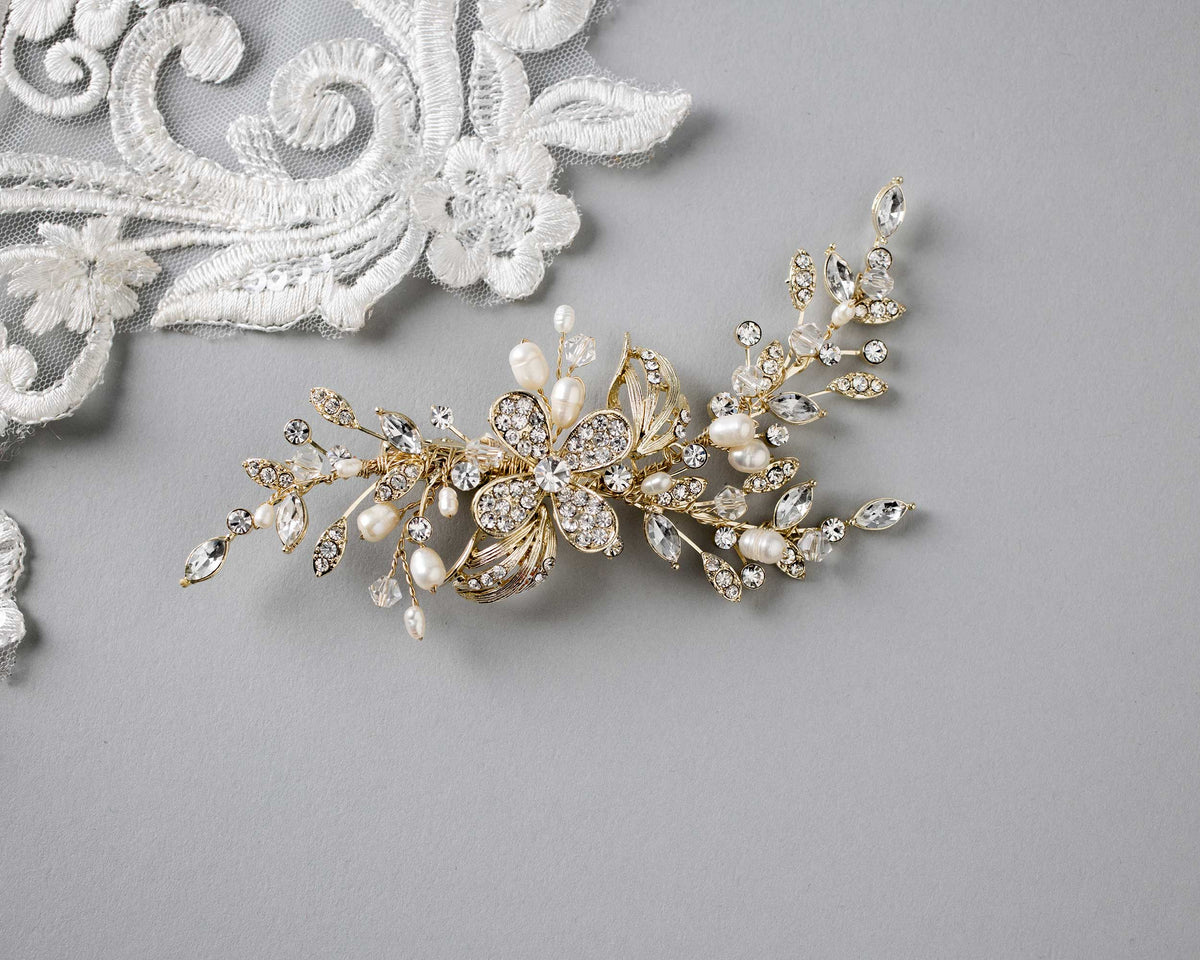 Gold Wedding Hair Clip with Pearls - Cassandra Lynne