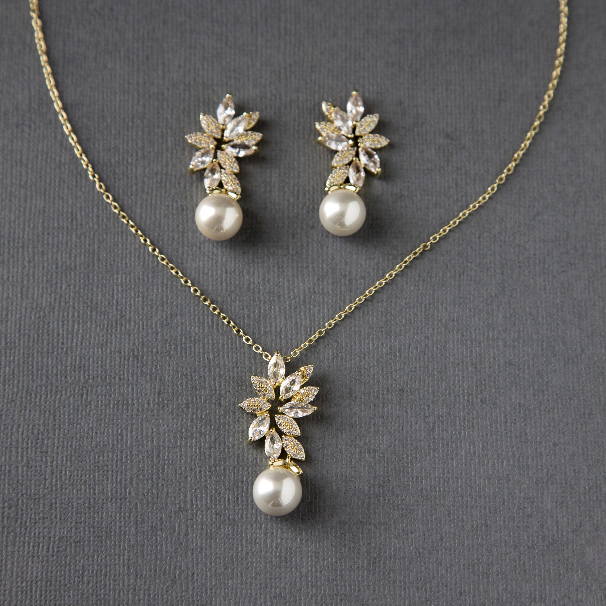 Pearl Pendant Necklace and Earrings Set with CZ Jewels