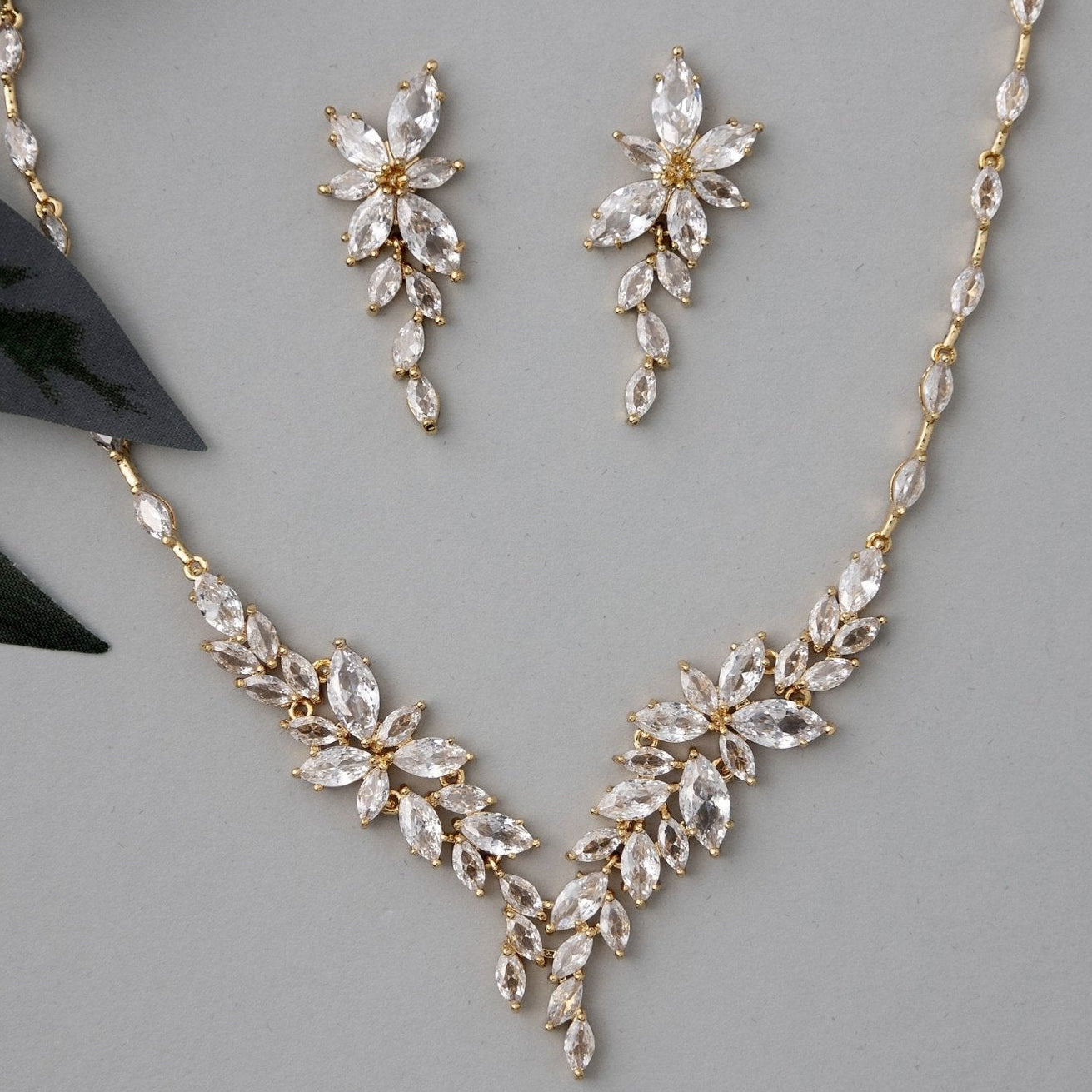 Intricate CZ Leaf Bridal Necklace Set - Necklace Set - Cassandra Lynne