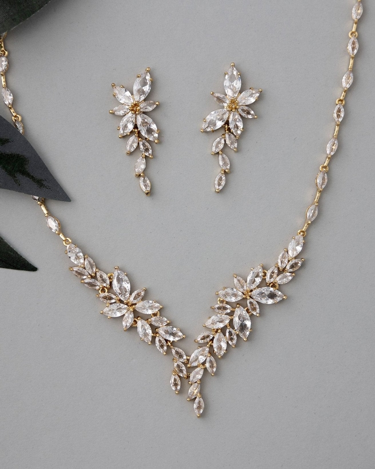 Intricate CZ Leaf Bridal Necklace Set - Necklace Set - Cassandra Lynne