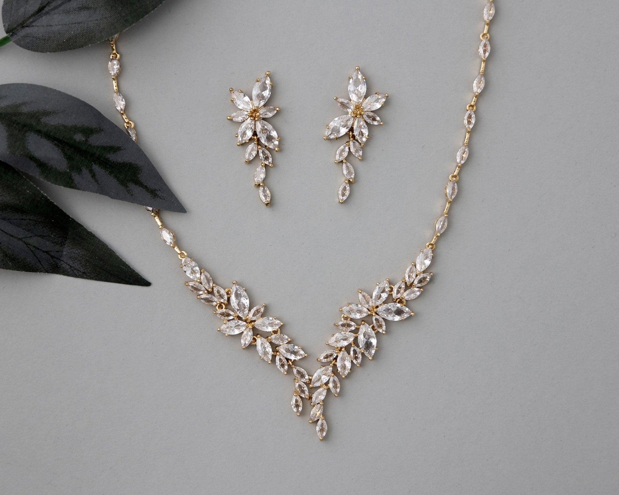 Intricate CZ Leaf Bridal Necklace Set - Necklace Set - Cassandra Lynne