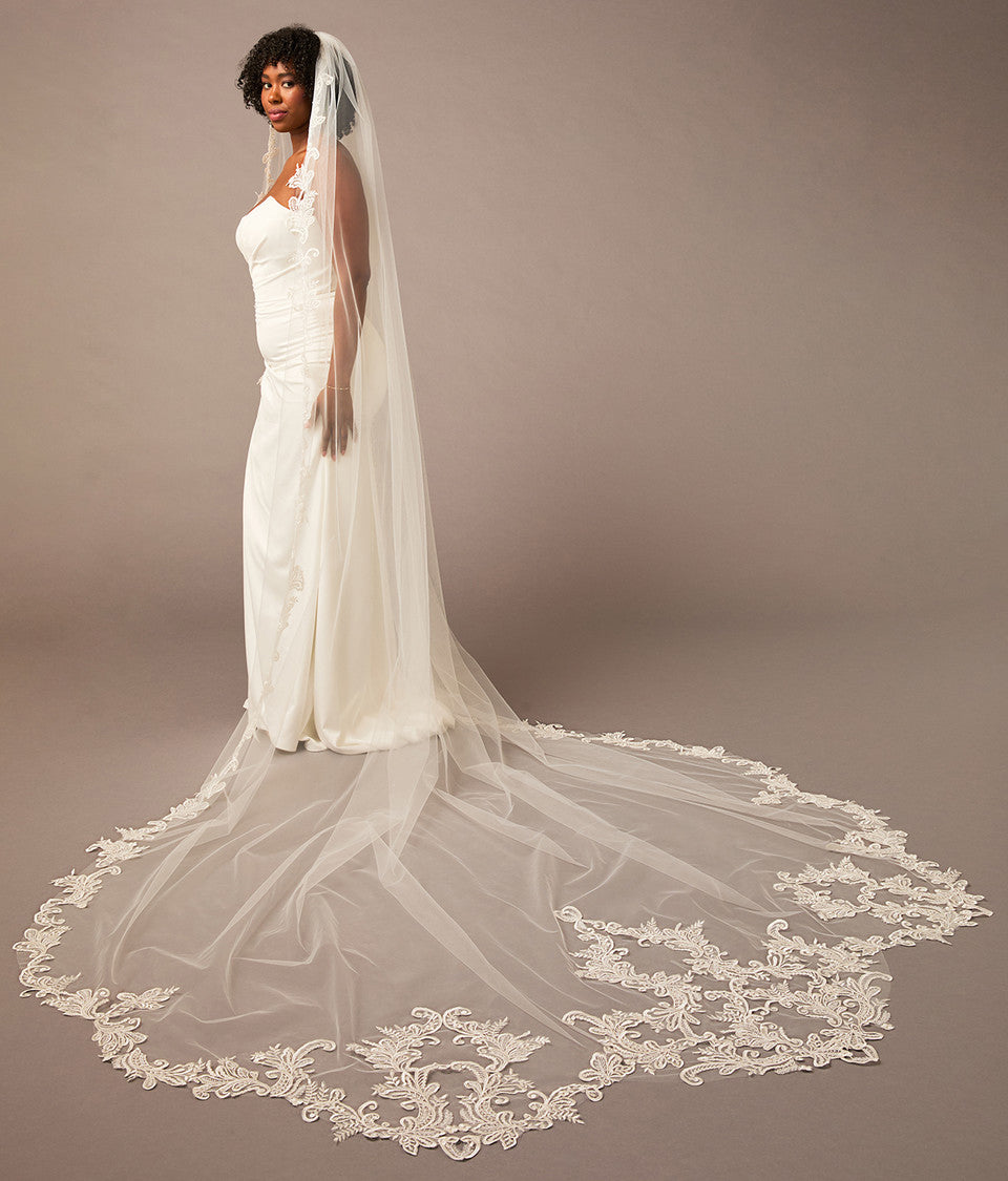 Cathedral Bridal Veil with Venetian Style Lace  wedding dress with a long lace veil on a plain background
