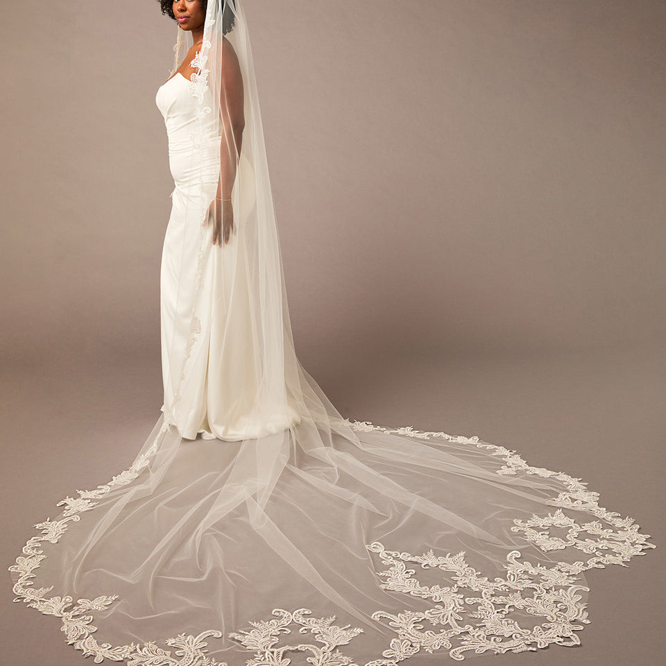Cathedral Bridal Veil with Venetian Style Lace  wedding dress with a long lace veil on a plain background