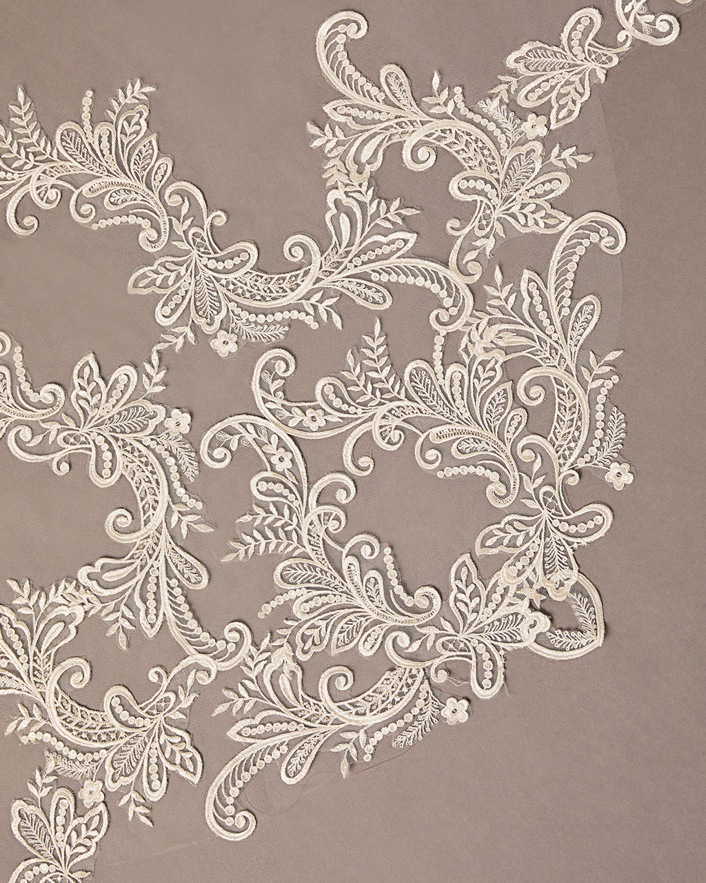 Cathedral Bridal Veil with Venetian Style Lace Decorative lace pattern on a beige background
