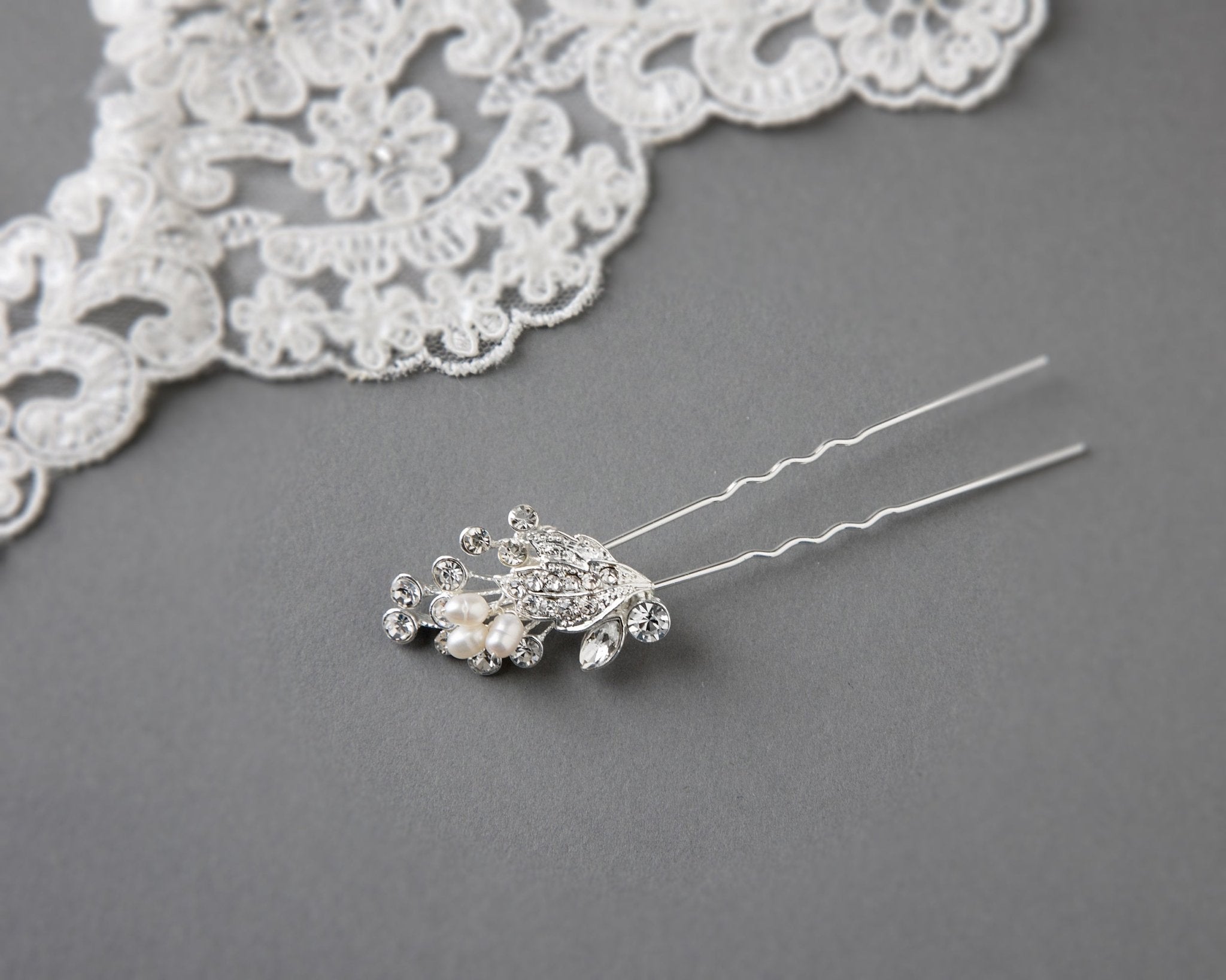 Ivory Cultured Pearls and Crystal Leaves Hair Pin - Hair Pins - Cassandra Lynne