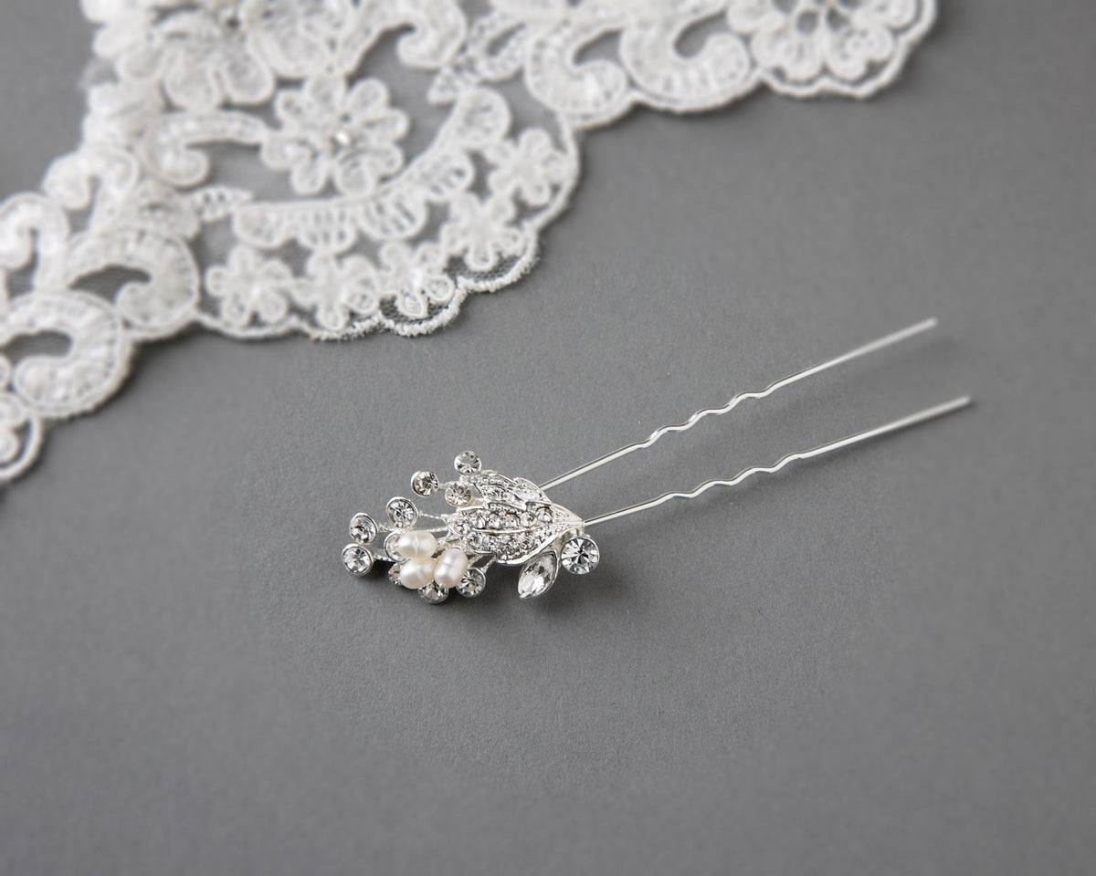 Ivory Cultured Pearls and Crystal Leaves Hair Pin - Hair Pins - Cassandra Lynne