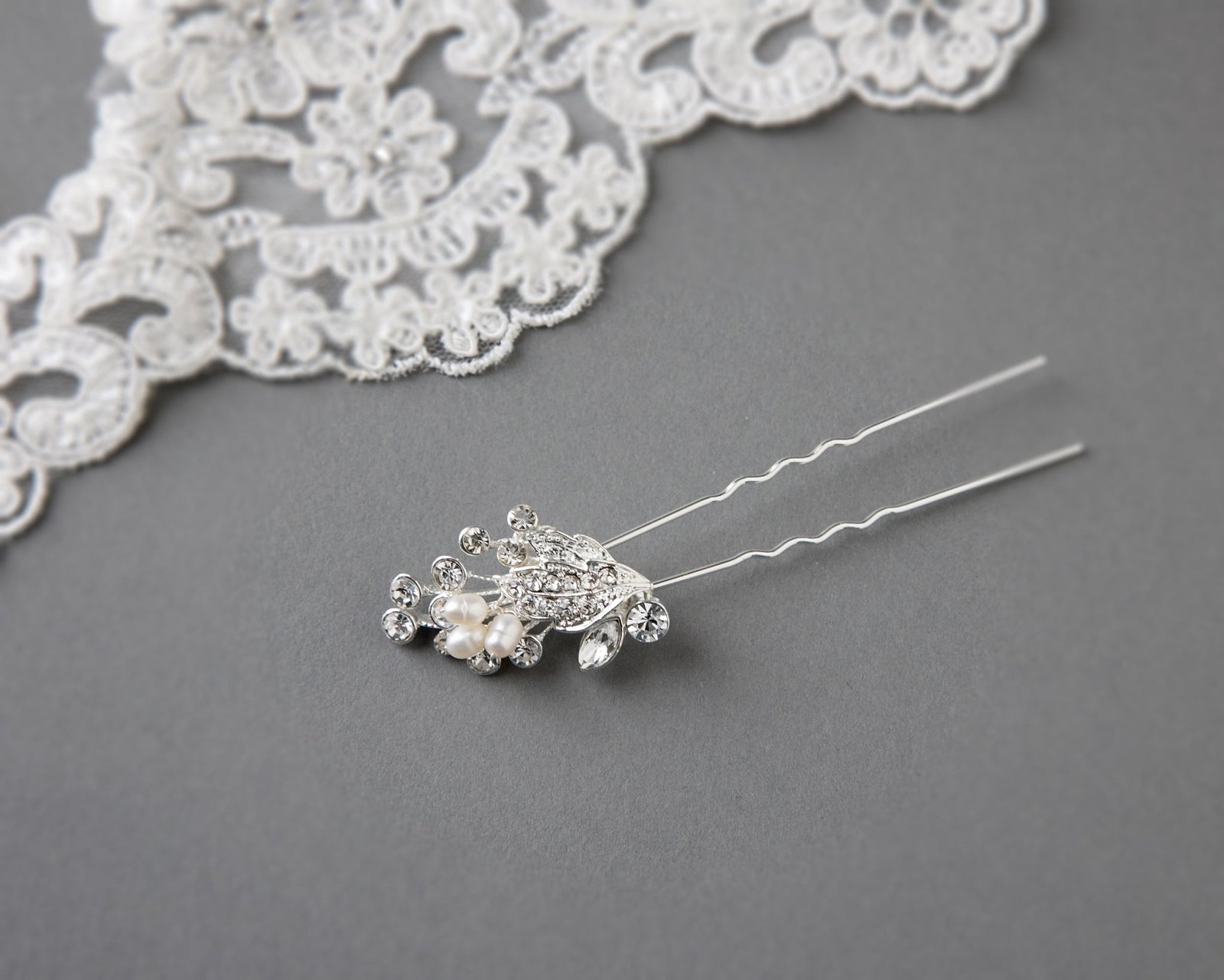 Ivory Cultured Pearls and Crystal Leaves Hair Pin - Hair Pins - Cassandra Lynne