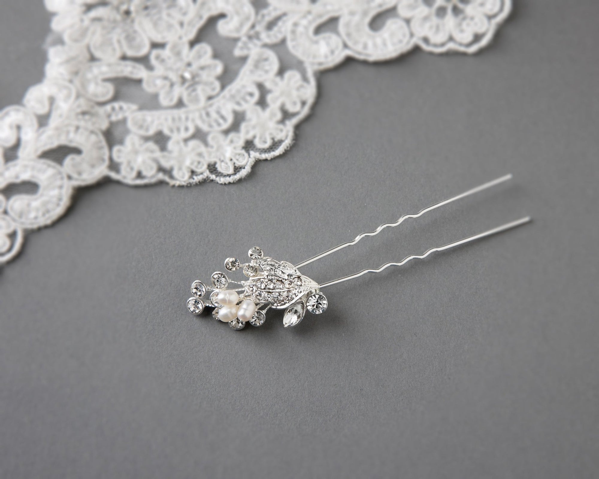 Ivory Cultured Pearls and Crystal Leaves Hair Pin - Hair Pins - Cassandra Lynne