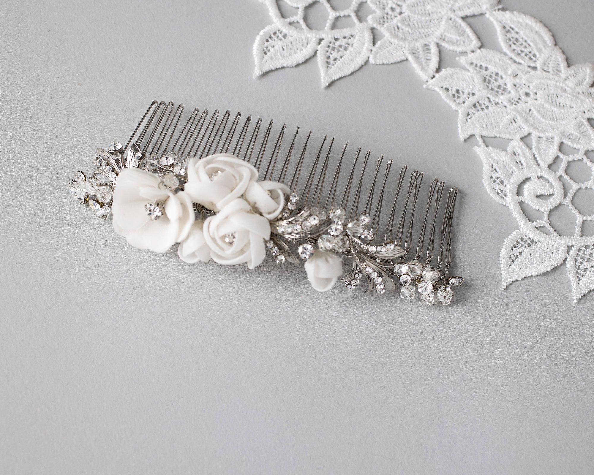 Tiara Comb of Ivory Flowers and Crystals