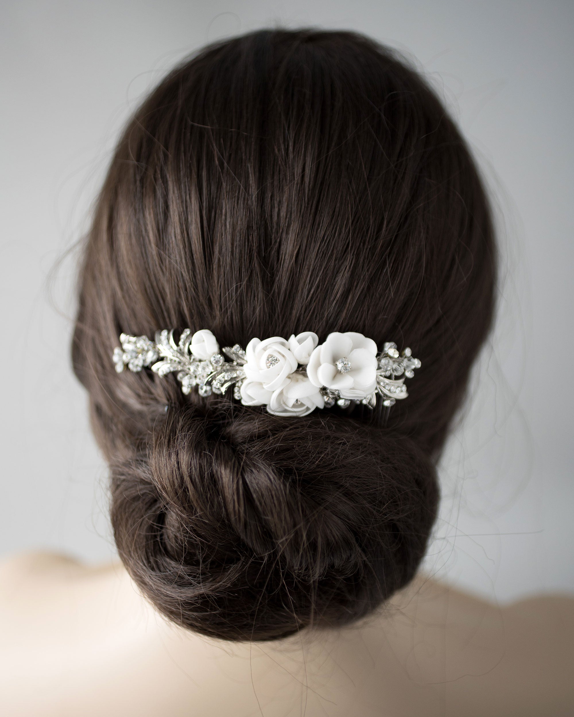 Tiara Comb of Ivory Flowers and Crystals
