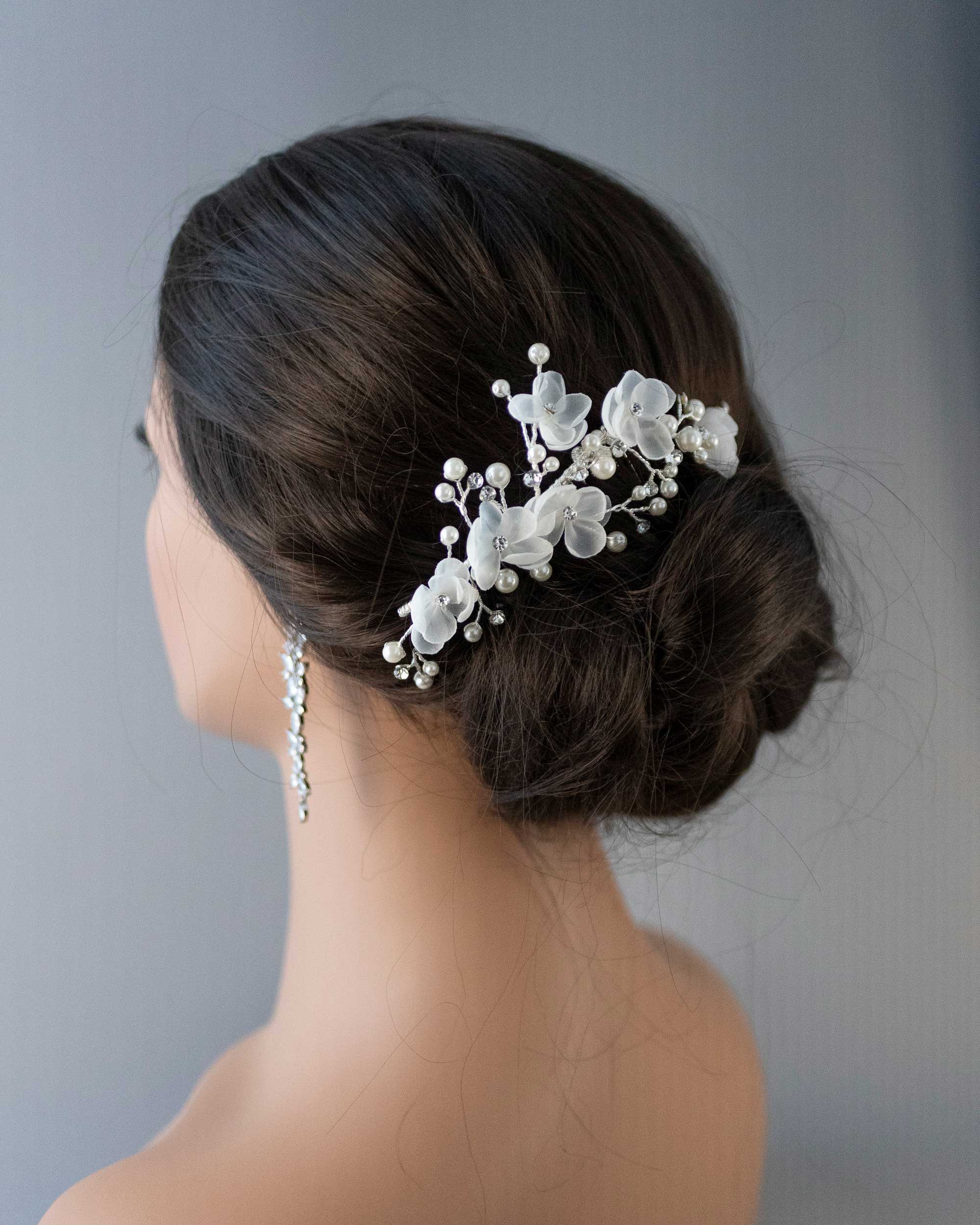 Organza Bridal Hair Flower Comb with Pearls - Cassandra Lynne