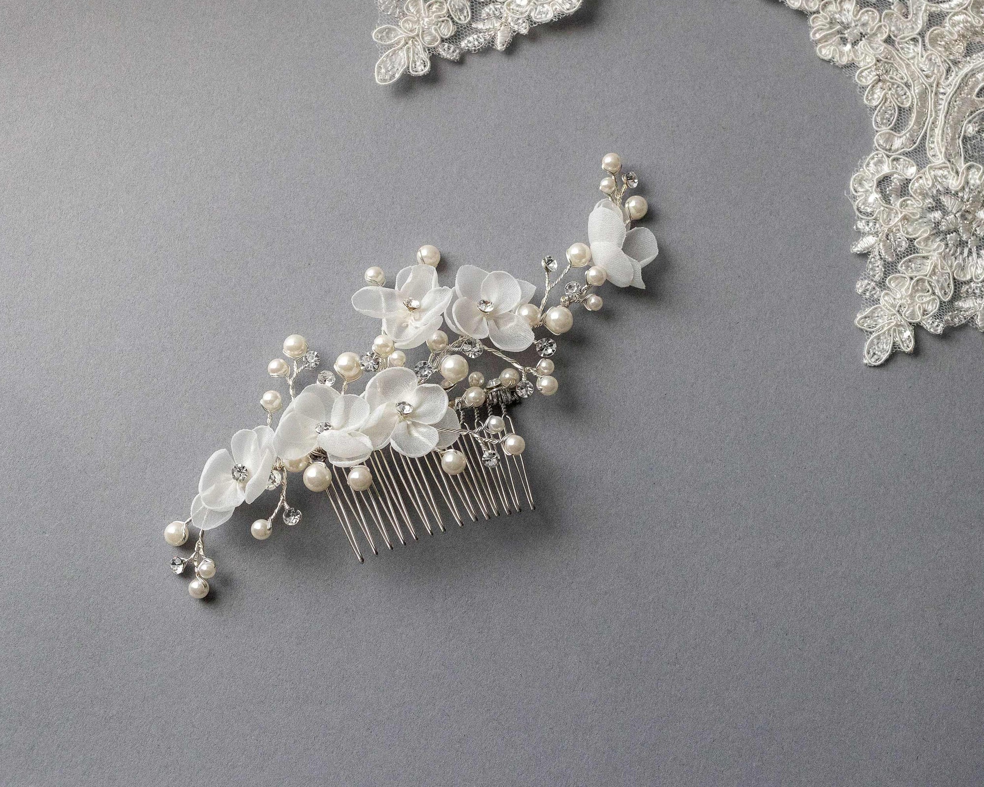 Organza Bridal Hair Flower Comb with Pearls - Cassandra Lynne