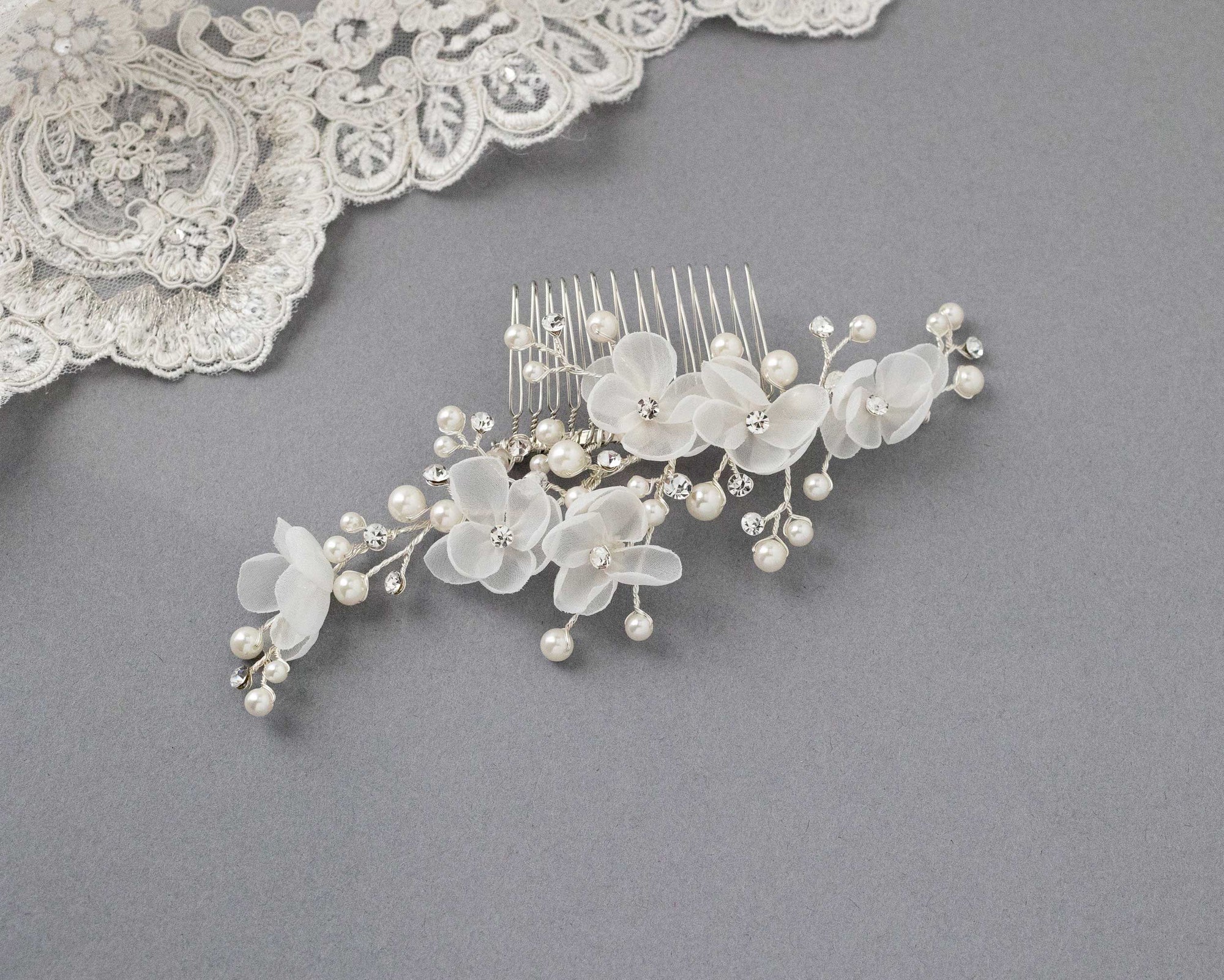 Organza Bridal Hair Flower Comb with Pearls - Cassandra Lynne