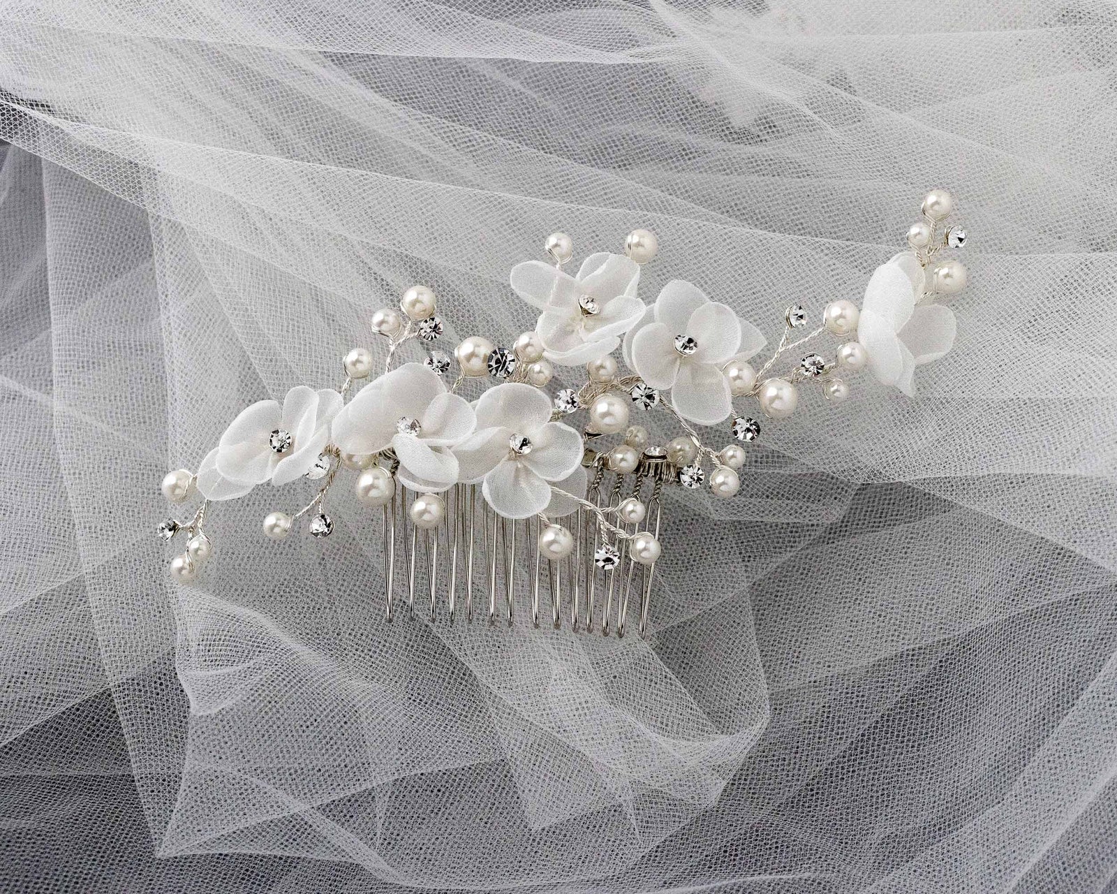 Organza Bridal Hair Flower Comb with Pearls - Cassandra Lynne