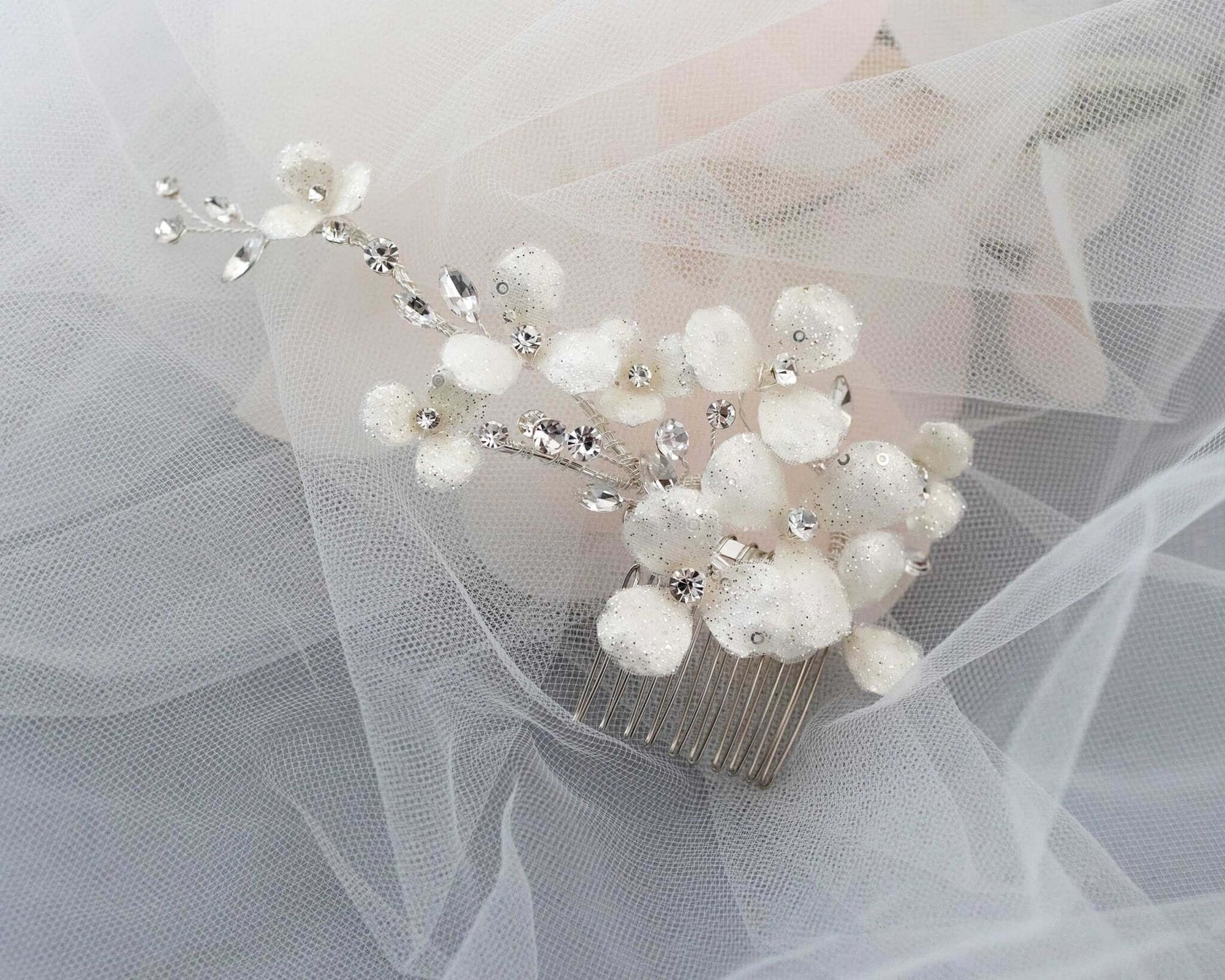 Ivory Glitter Flower Bridal Hair Comb - Hair Flower - Cassandra Lynne