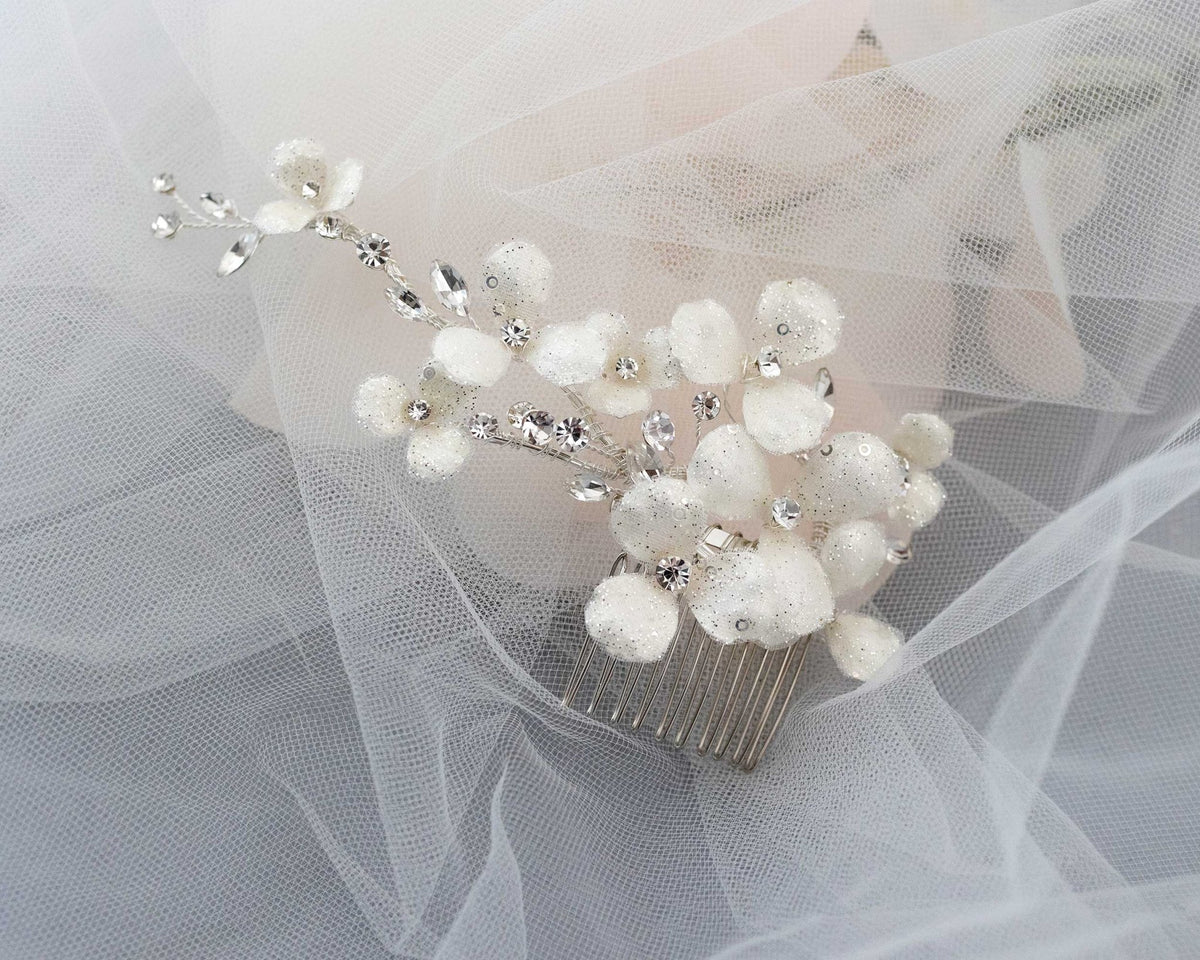 Ivory Glitter Flower Bridal Hair Comb - Hair Flower - Cassandra Lynne
