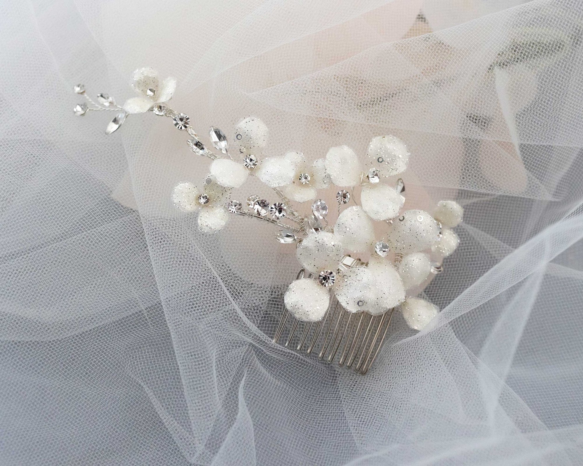Ivory Glitter Flower Bridal Hair Comb - Hair Flower - Cassandra Lynne