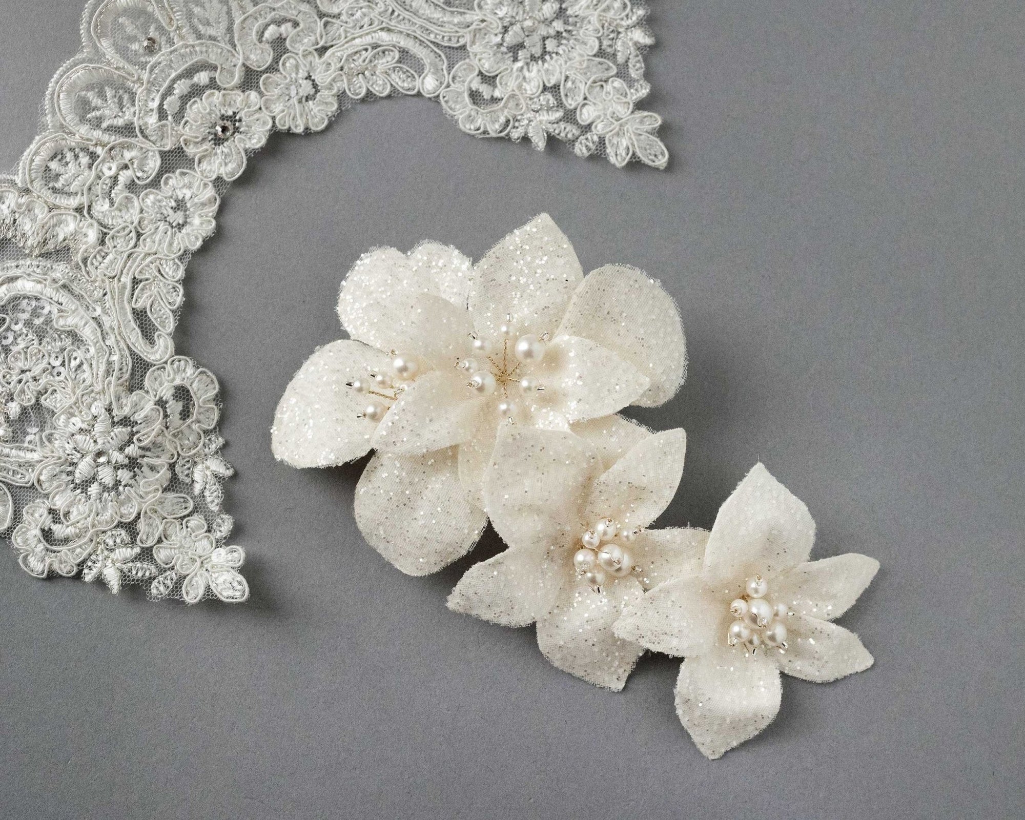 Ivory Glitter Tulle Bridal Hair Flower - Hair Flower - Cassandra Lynne