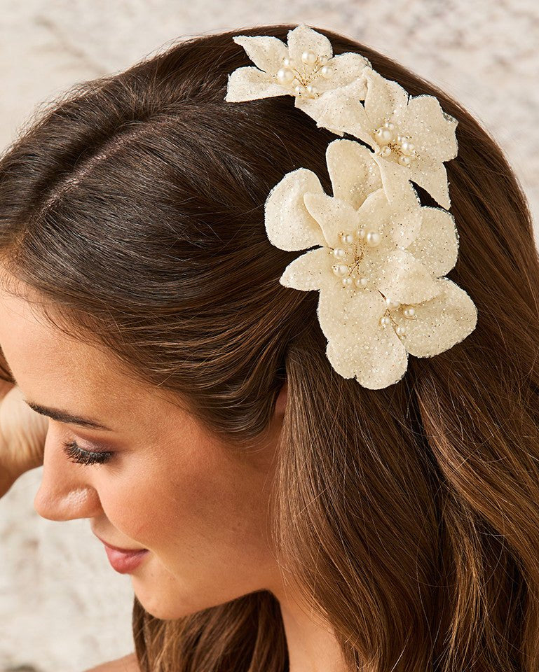 Ivory Glitter Tulle Bridal Hair Flower - Hair Flower - Cassandra Lynne