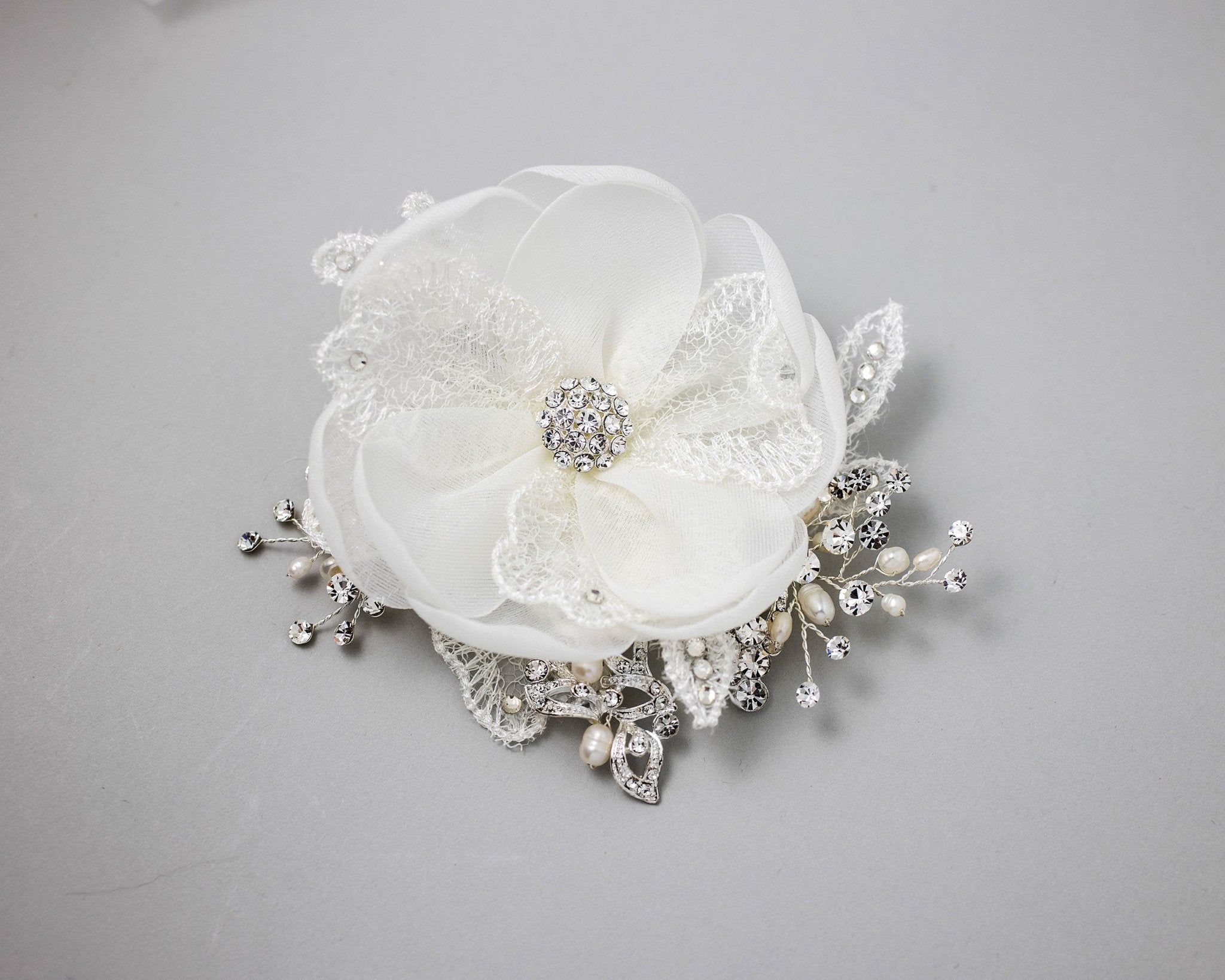 Ivory Lace and Pearls Bridal Hair Flower - Hair Flower - Cassandra Lynne
