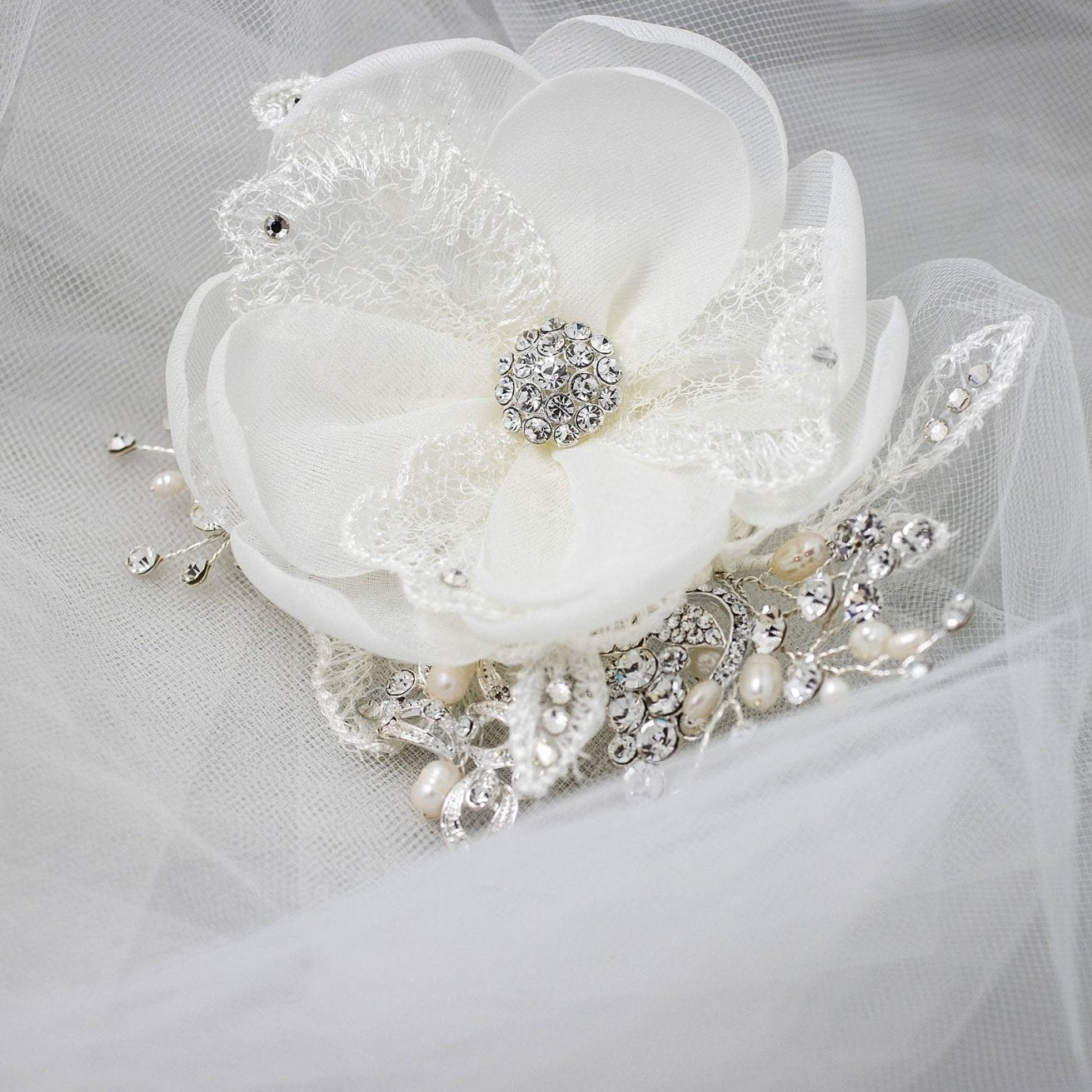 Ivory Lace and Pearls Bridal Hair Flower - Hair Flower - Cassandra Lynne