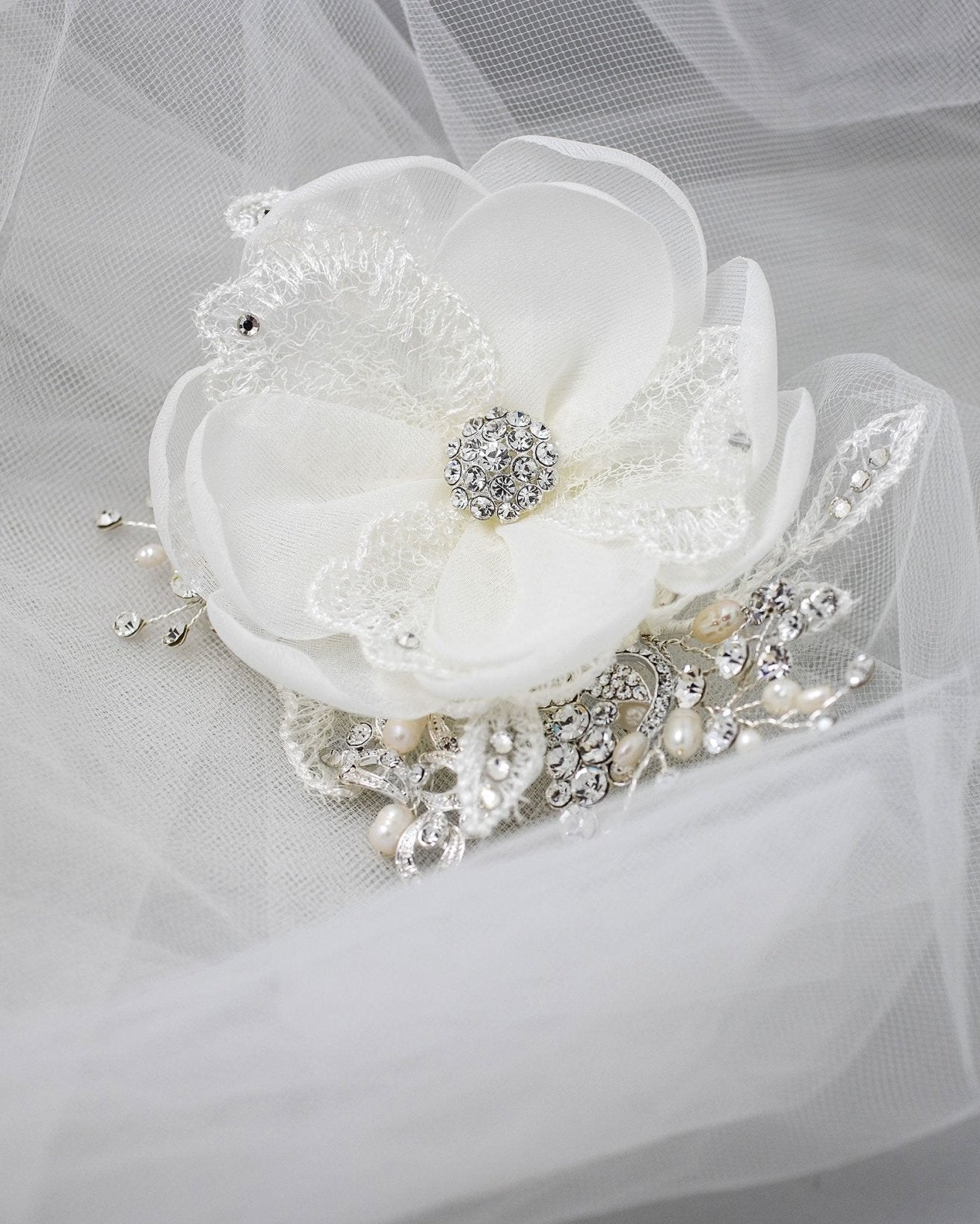 Ivory Lace and Pearls Bridal Hair Flower - Hair Flower - Cassandra Lynne