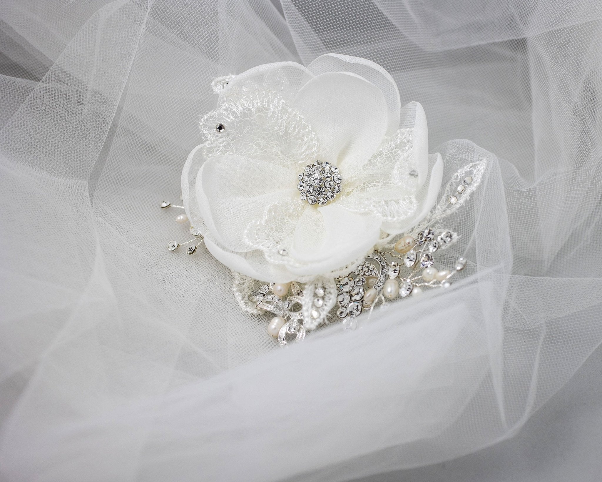 Ivory Lace and Pearls Bridal Hair Flower - Hair Flower - Cassandra Lynne