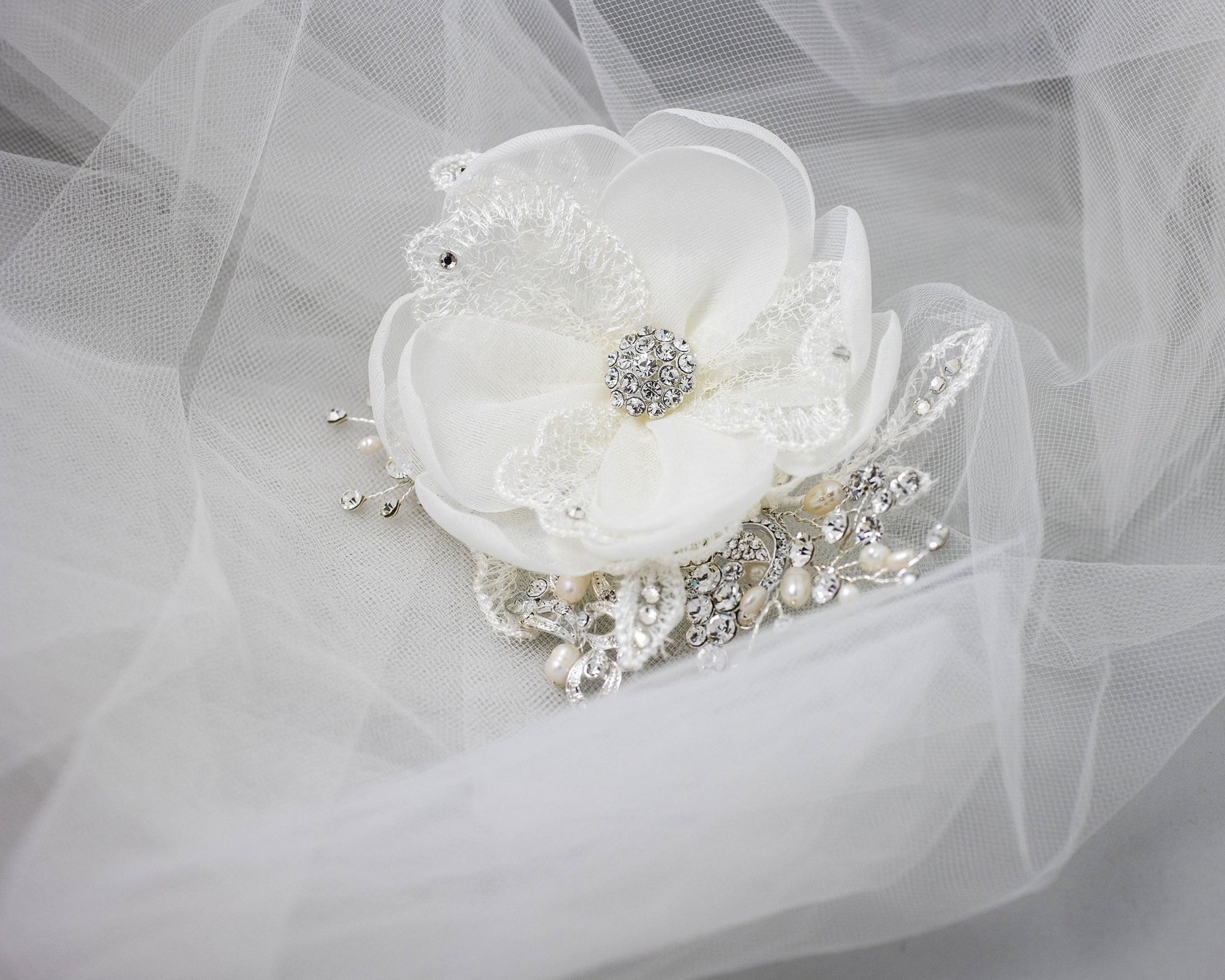 Ivory Lace and Pearls Bridal Hair Flower - Hair Flower - Cassandra Lynne