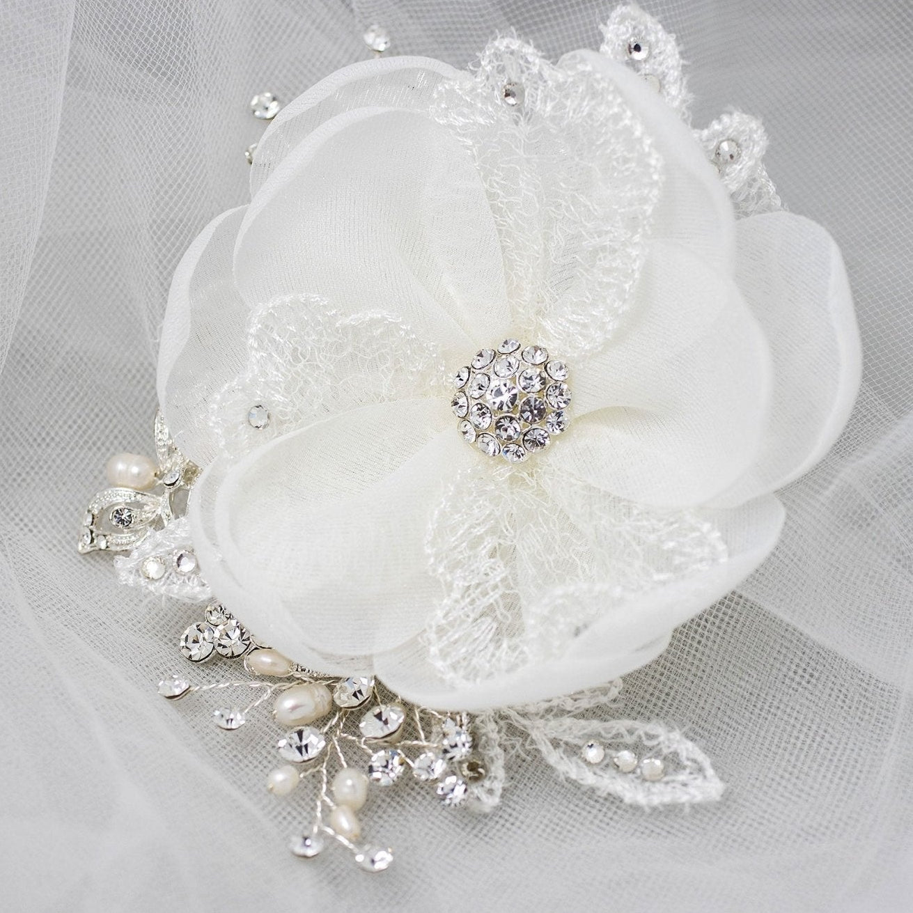 Ivory Lace and Pearls Bridal Hair Flower - Hair Flower - Cassandra Lynne