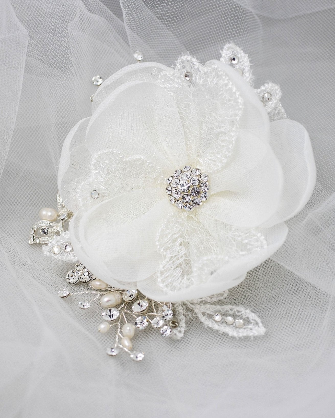 Ivory Lace and Pearls Bridal Hair Flower - Hair Flower - Cassandra Lynne