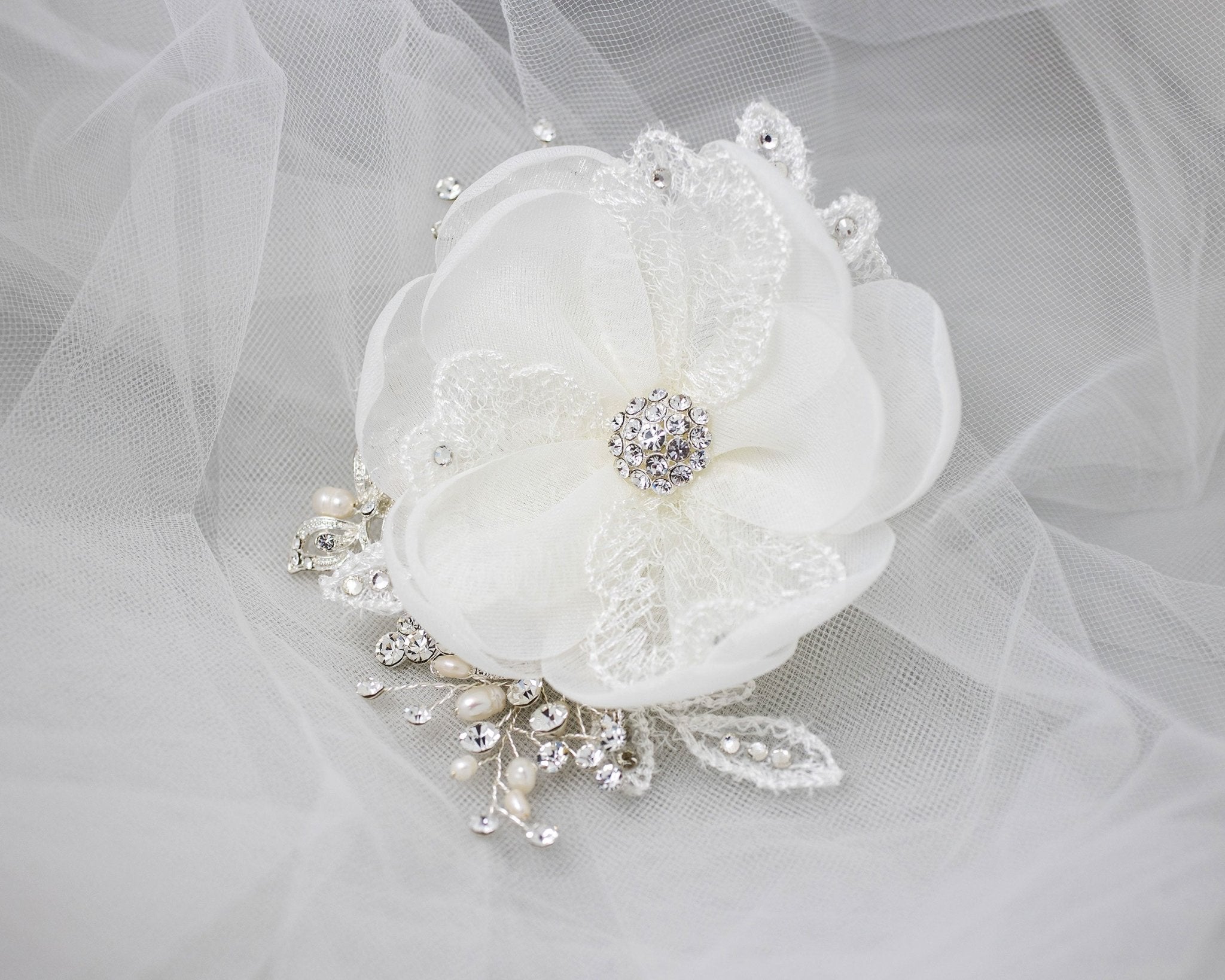 Ivory Lace and Pearls Bridal Hair Flower - Hair Flower - Cassandra Lynne