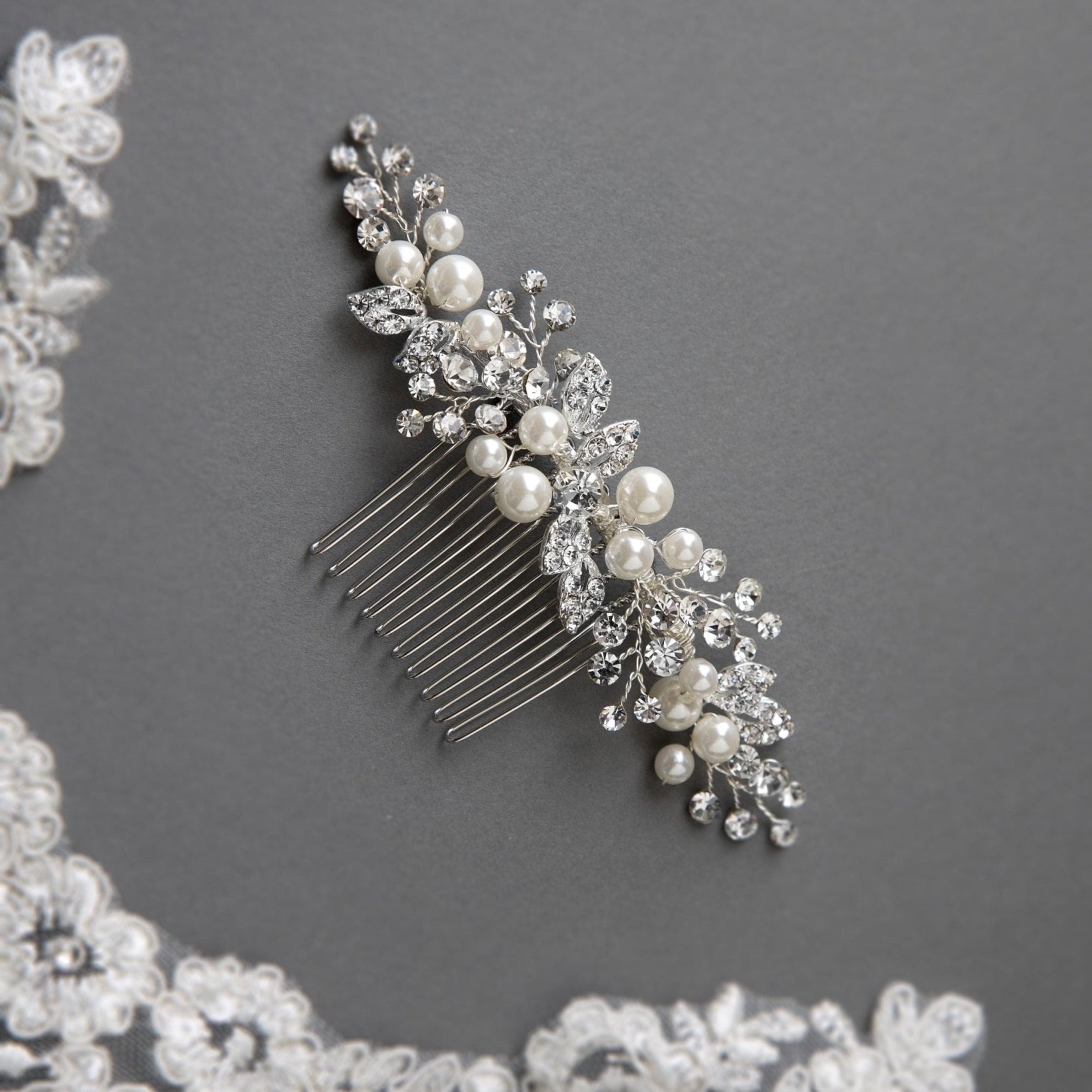 Ivory Pearl and Crystal Leaves Narrow Hair Comb - Hair Comb - Cassandra Lynne