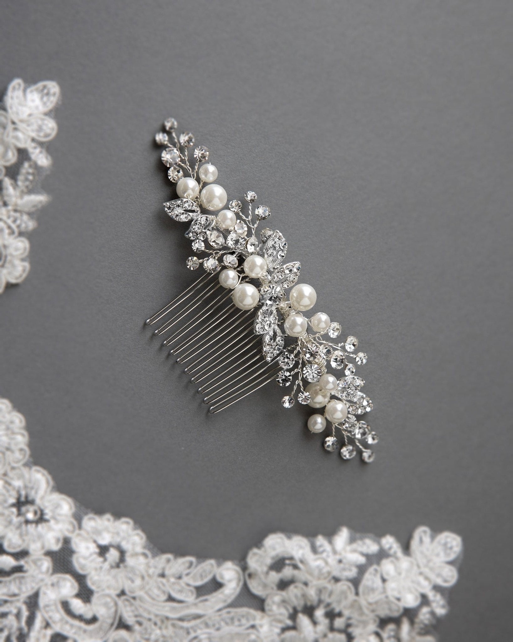 Ivory Pearl and Crystal Leaves Narrow Hair Comb - Hair Comb - Cassandra Lynne