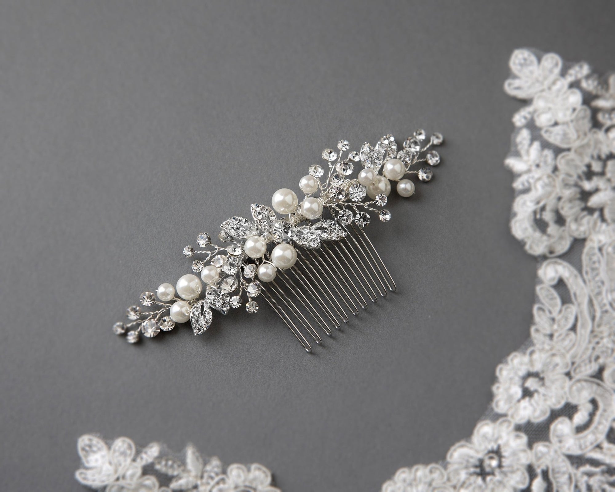 Ivory Pearl and Crystal Leaves Narrow Hair Comb - Hair Comb - Cassandra Lynne