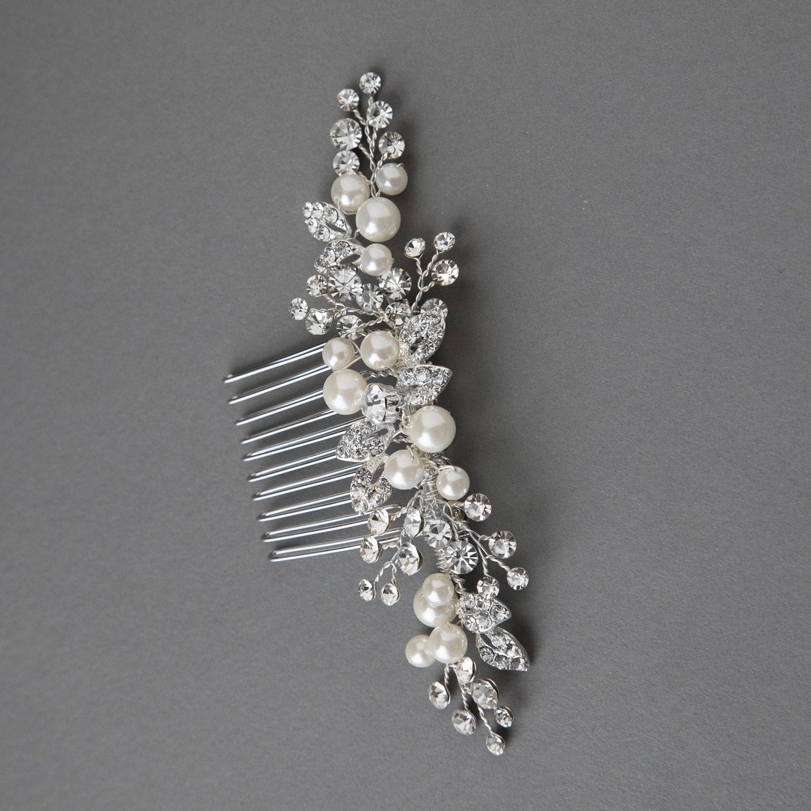 Ivory Pearl and Crystal Leaves Narrow Hair Comb - Hair Comb - Cassandra Lynne