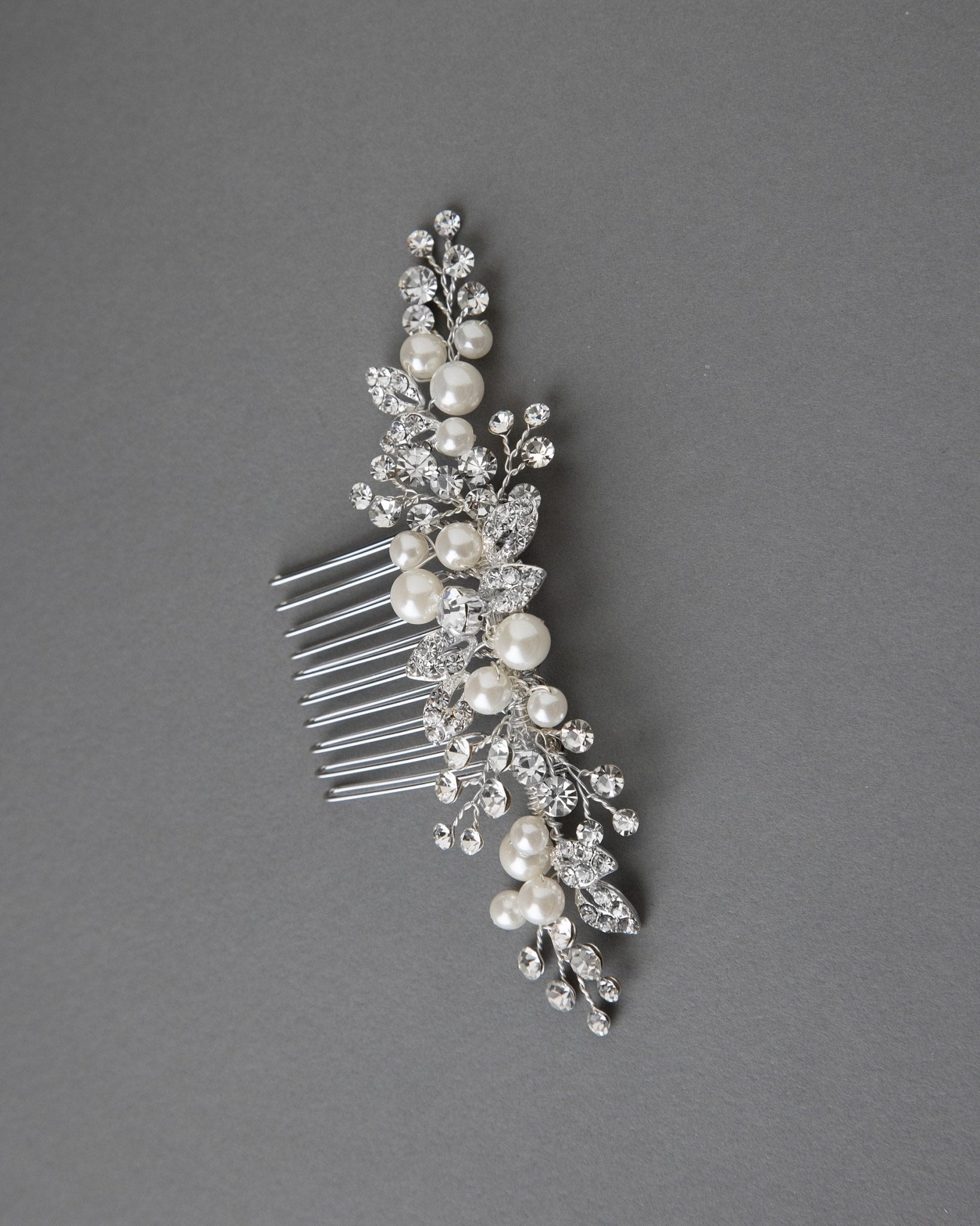 Ivory Pearl and Crystal Leaves Narrow Hair Comb - Hair Comb - Cassandra Lynne