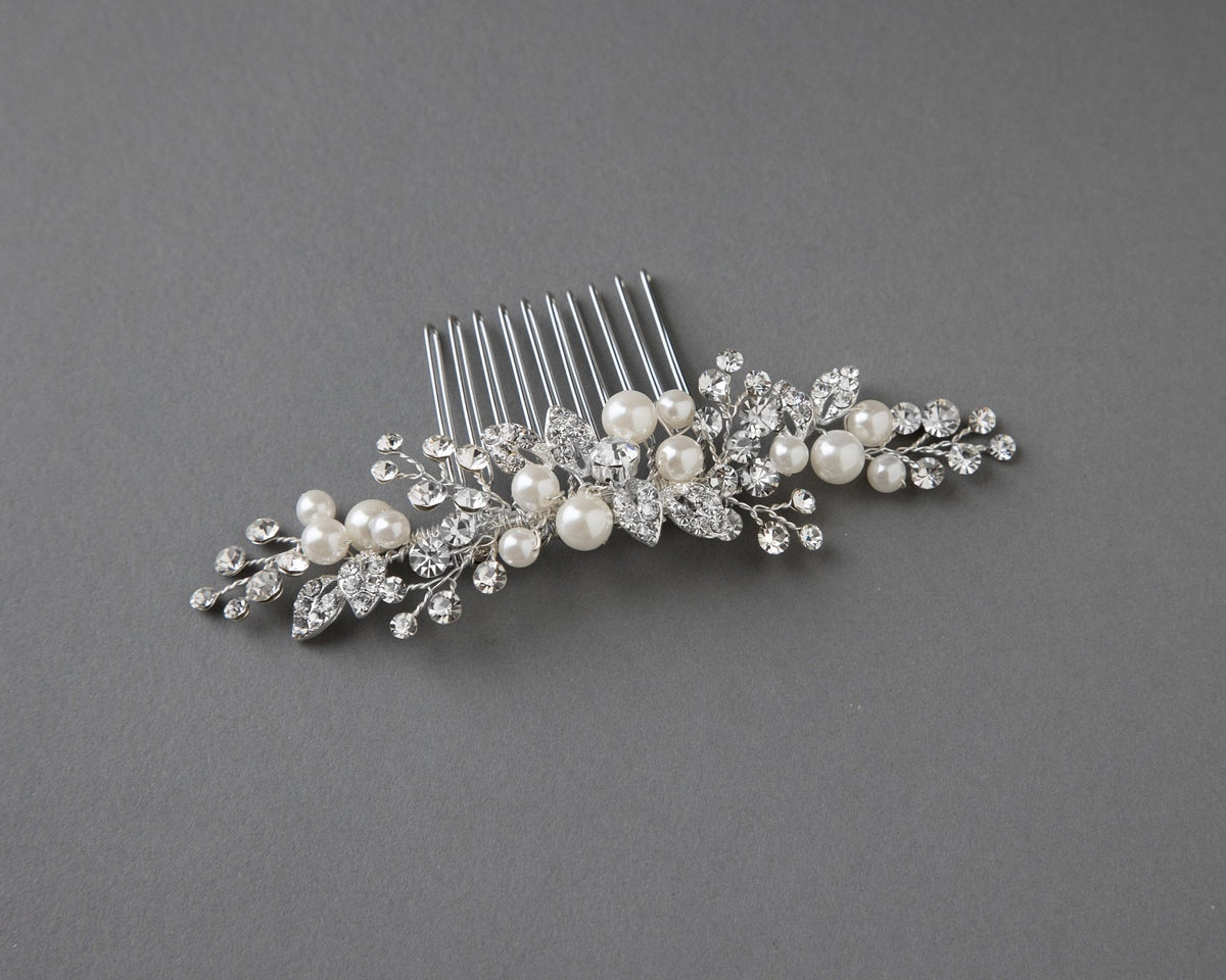Ivory Pearl and Crystal Leaves Narrow Hair Comb - Hair Comb - Cassandra Lynne
