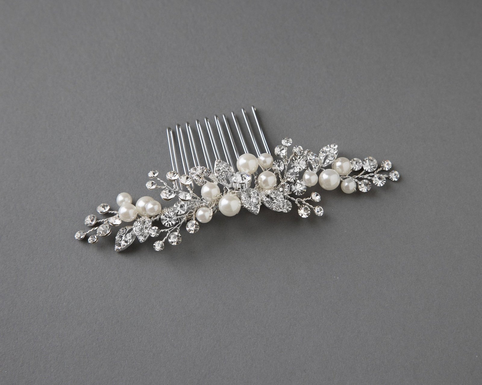 Ivory Pearl and Crystal Leaves Narrow Hair Comb - Hair Comb - Cassandra Lynne