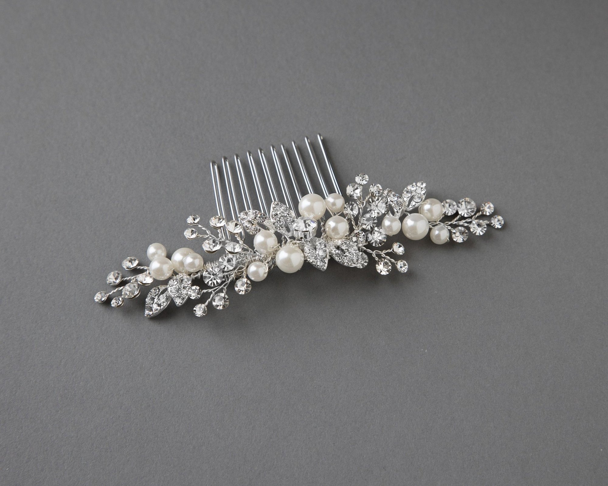 Ivory Pearl and Crystal Leaves Narrow Hair Comb - Hair Comb - Cassandra Lynne