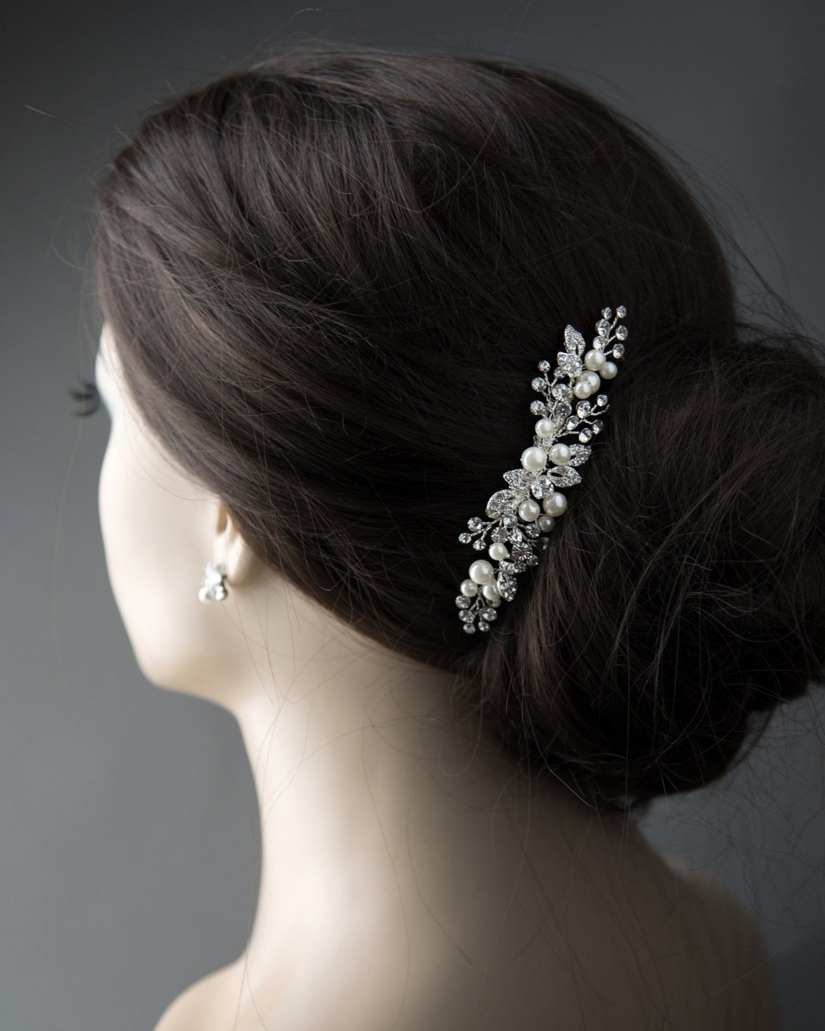 Ivory Pearl and Crystal Leaves Narrow Hair Comb - Hair Comb - Cassandra Lynne